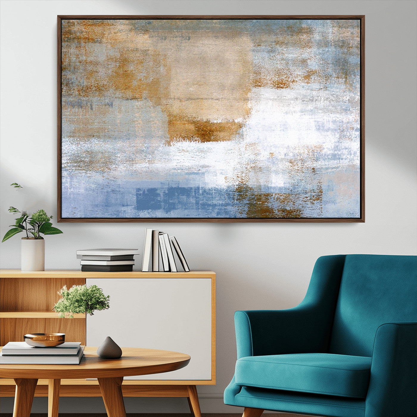 72354-MGV-CV-36X24-Blue and Gold Abstract Wall Art – Modern Minimalist Canvas Print, Textured Contemporary Painting for Living Room, Bedroom, or