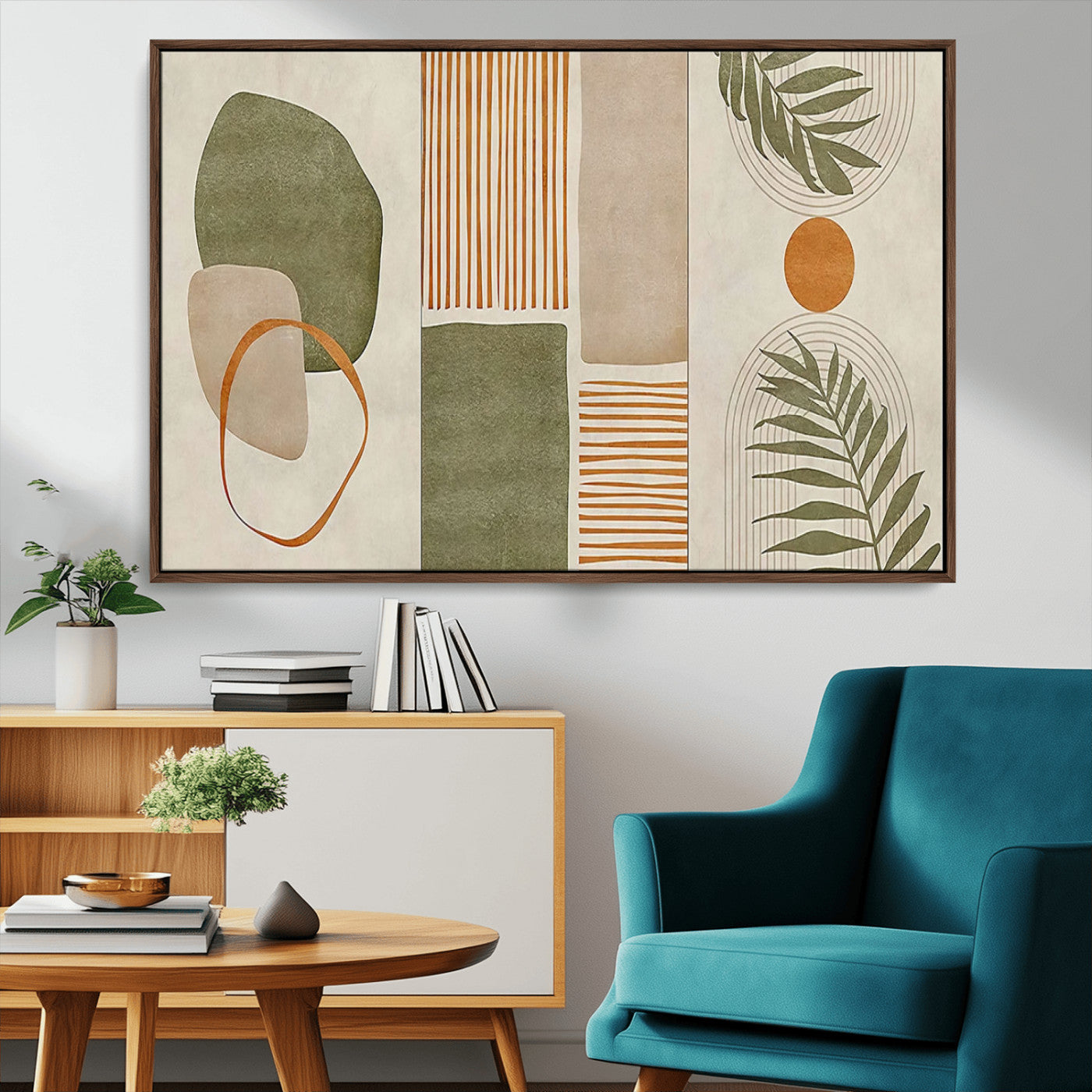 96002-MGV-CV-36X24-Abstract Geometric Wall Art – Modern Canvas Print with Green, Orange & Beige Shapes, Minimalist Home Decor for Living Room, Office