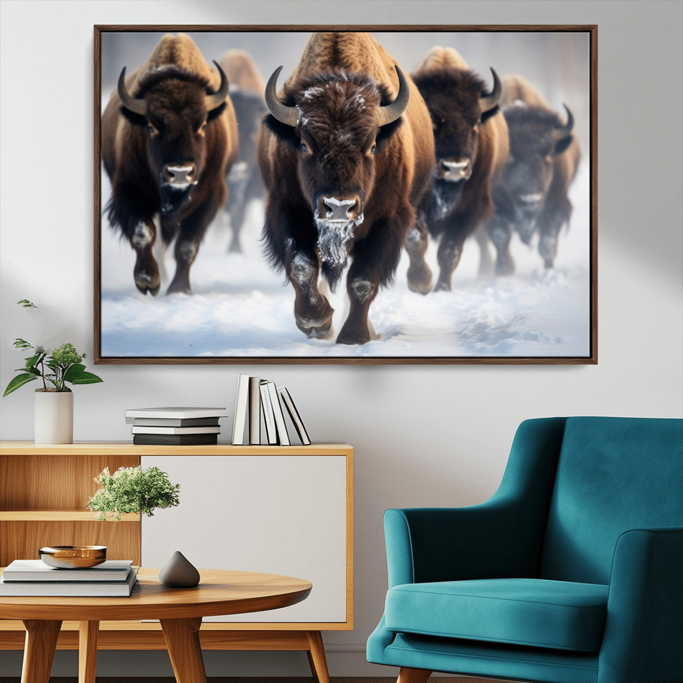 80512-MGV-FC-36X24_Walnut-Bison Herd Wall Art – Buffalo Running in Snow Canvas Print, Rustic Wildlife Photography Decor for Cabin, Lodge, or Living Room