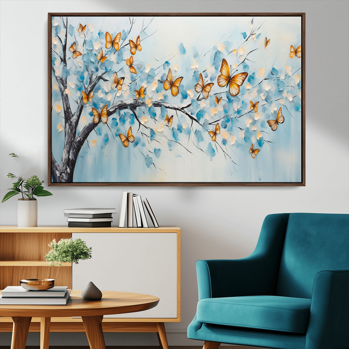 59455-MGV-CV-36X24-Butterfly Tree Branch Wall Art – Blue and Yellow Abstract Canvas Print, Modern Nature Artwork for Living Room, Bedroom or Office