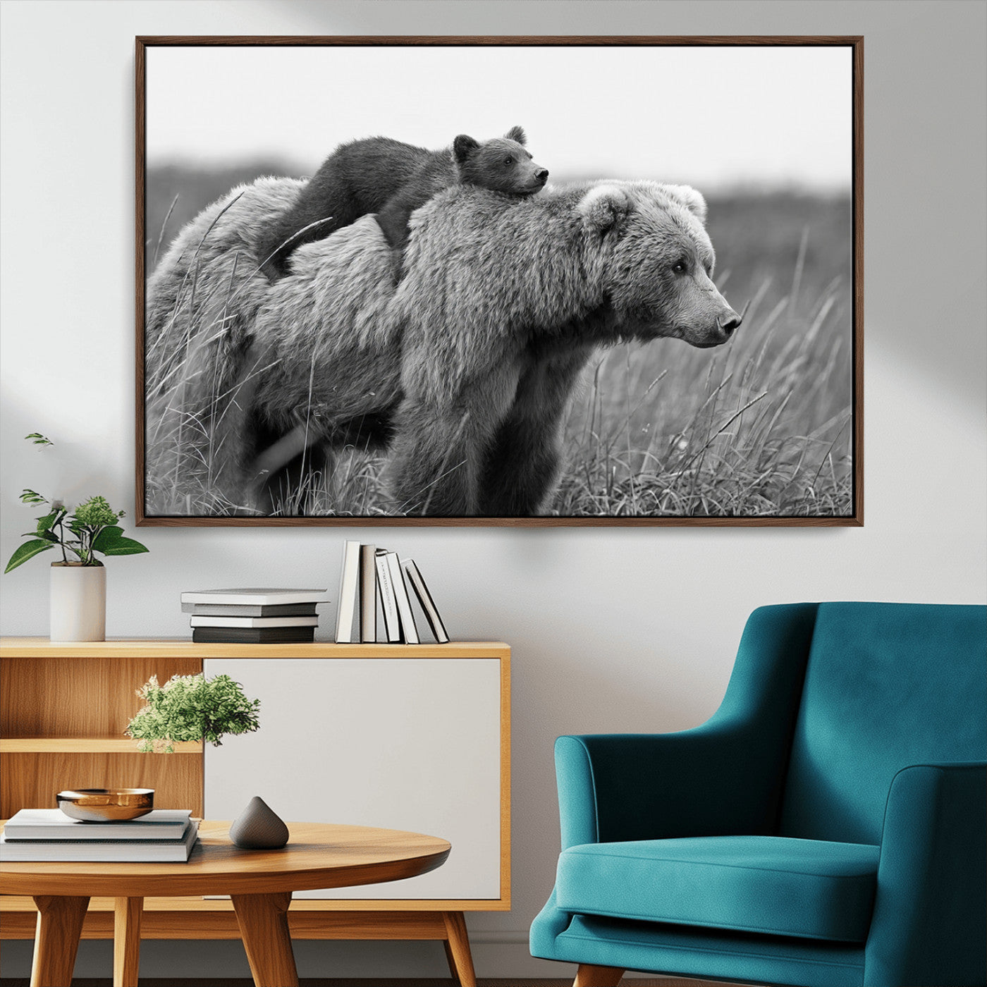 76338-MGV-CV-36X24-Mother Bear and Cub Wall Art – Black and White Wildlife Canvas Print, Rustic Nature Photography for Cabin, Living Room or Office