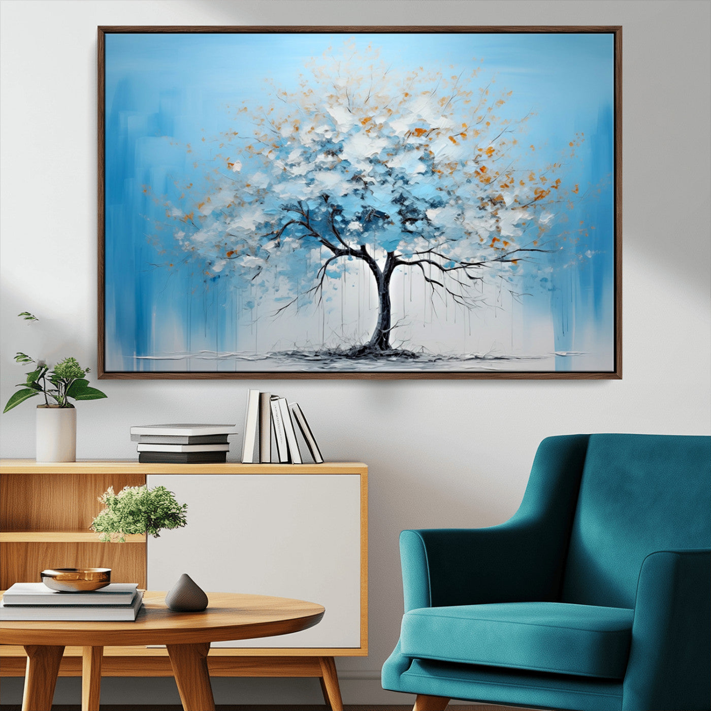 25021-MGV-CV-36X24-Abstract Tree Wall Art – Blue and White Canvas Painting with Gold Accents, Modern Nature-Inspired Artwork for Living Room, Bedroom
