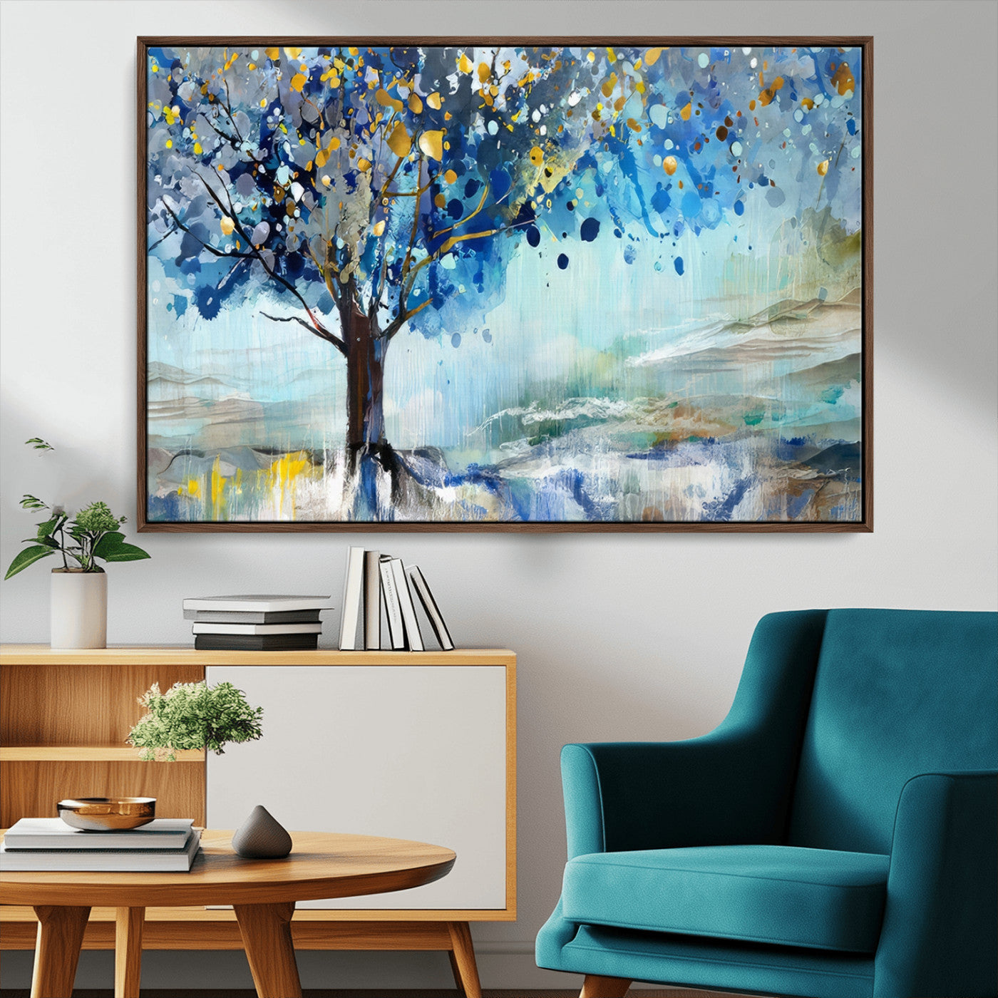 17018-MGV-CV-36X24-Abstract Blue Tree Wall Art – Colorful Canvas Painting with Gold and Silver Accents, Modern Nature Artwork for Living Room,