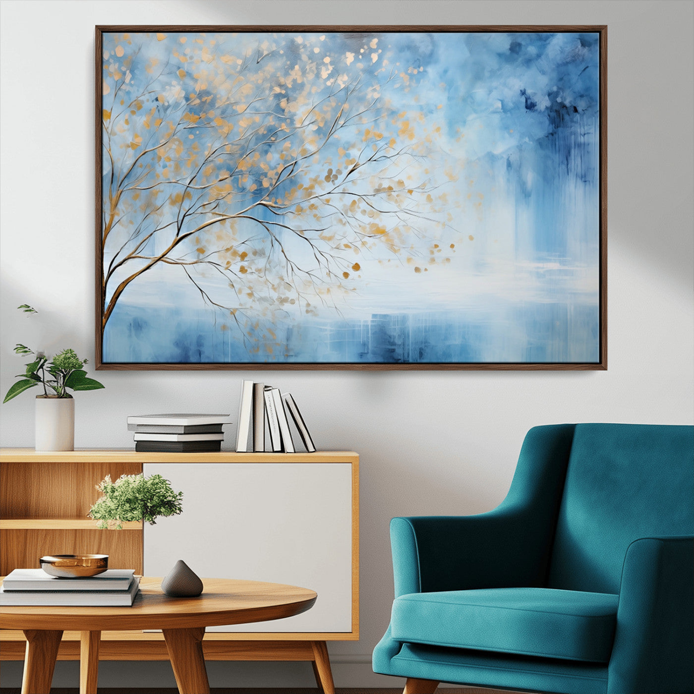 23891-MGV-CV-36X24-Abstract Tree Wall Art – Minimalist Blue and Gold Canvas Painting, Elegant Nature-Inspired Artwork for Living Room, Bedroom or
