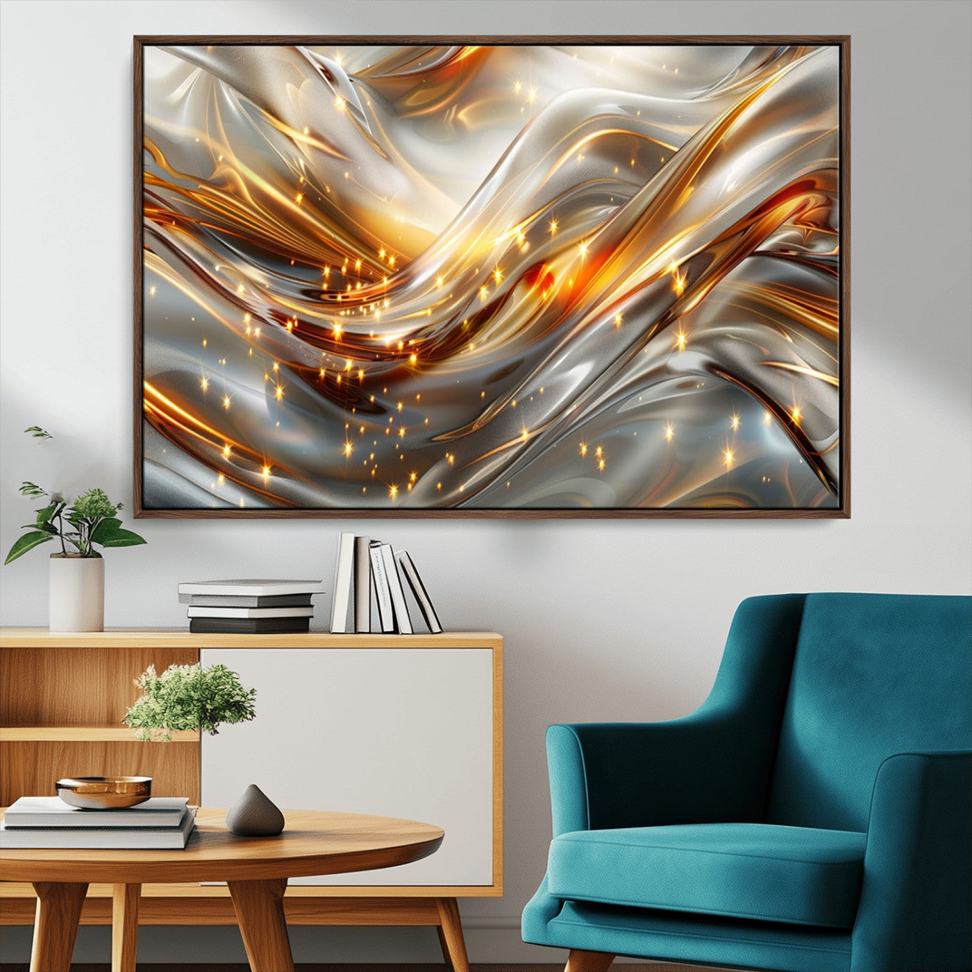 Lines1-MGV-CV-36X24-Abstract Metallic Wall Art – Silver and Gold Wave Canvas Print with Sparkling Accents, Modern Luxury Decor for Living Room, Office