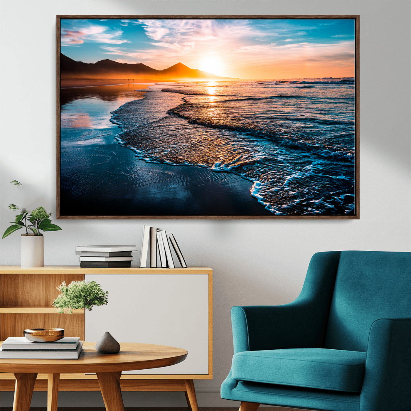 26494-MGV-CV-36X24-Ocean Sunset Wall Art – Scenic Beach Canvas Print with Waves and Mountains, Coastal Seascape Photography for Living Room, Bedroom