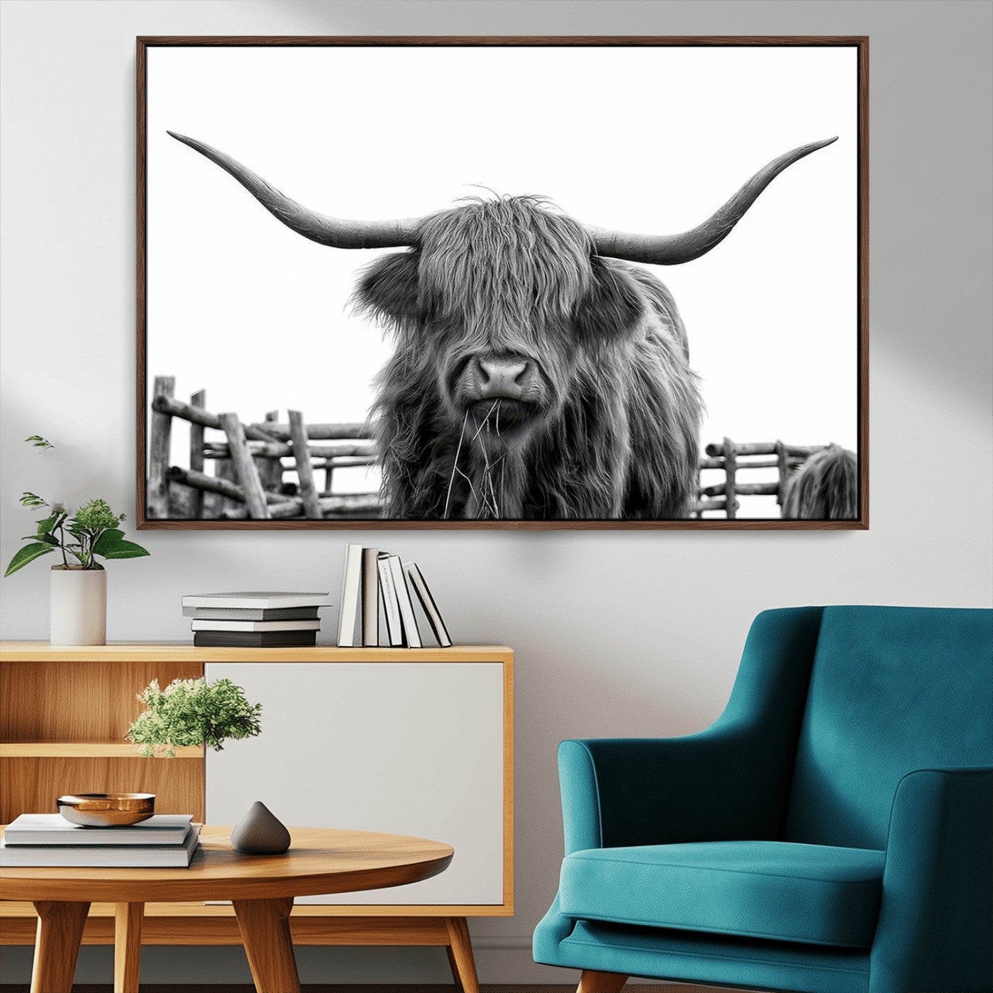 58188-MGV-CV-36X24-Highland Cow Wall Art – Black and White Rustic Farmhouse Canvas Print, Longhorn Cattle Photography Decor for Living Room or