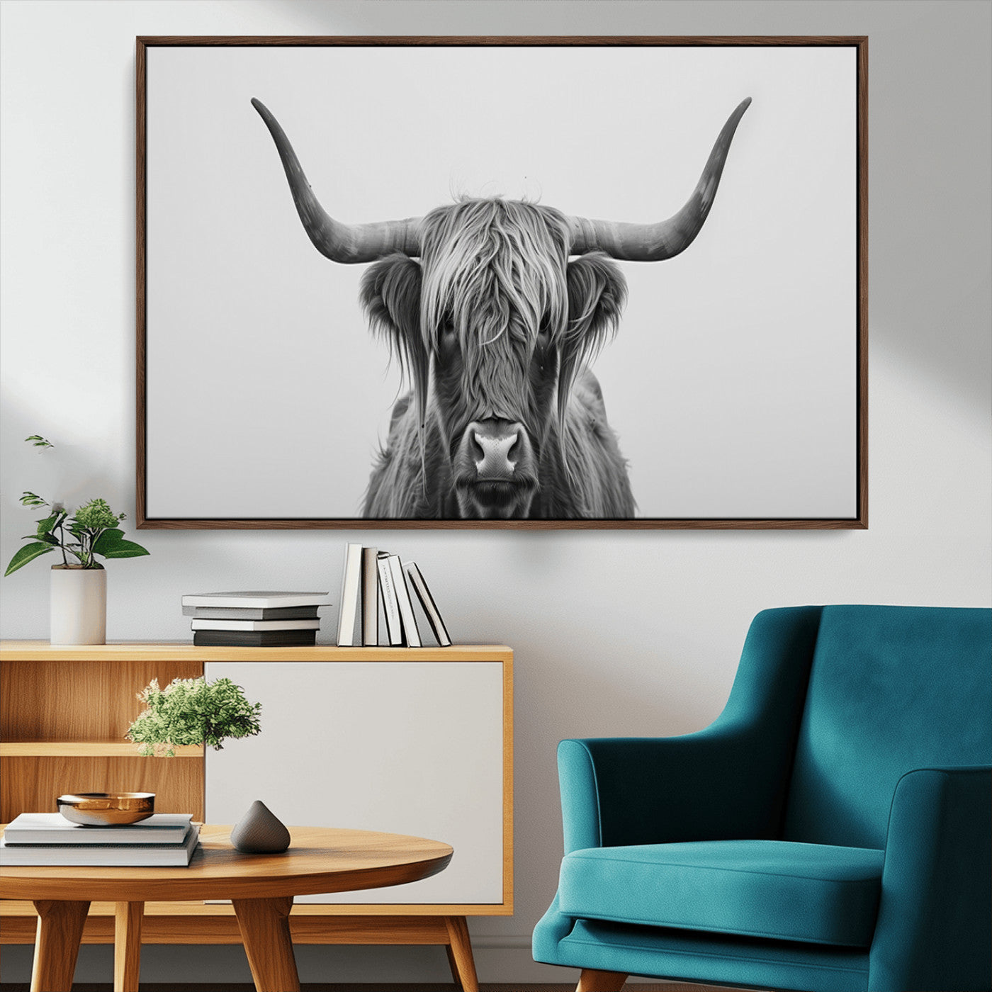 35820-MGV-CV-36X24-Minimalist Highland Cow Wall Art – Black and White Longhorn Cattle Canvas Print, Modern Farmhouse Animal Photography Decor for