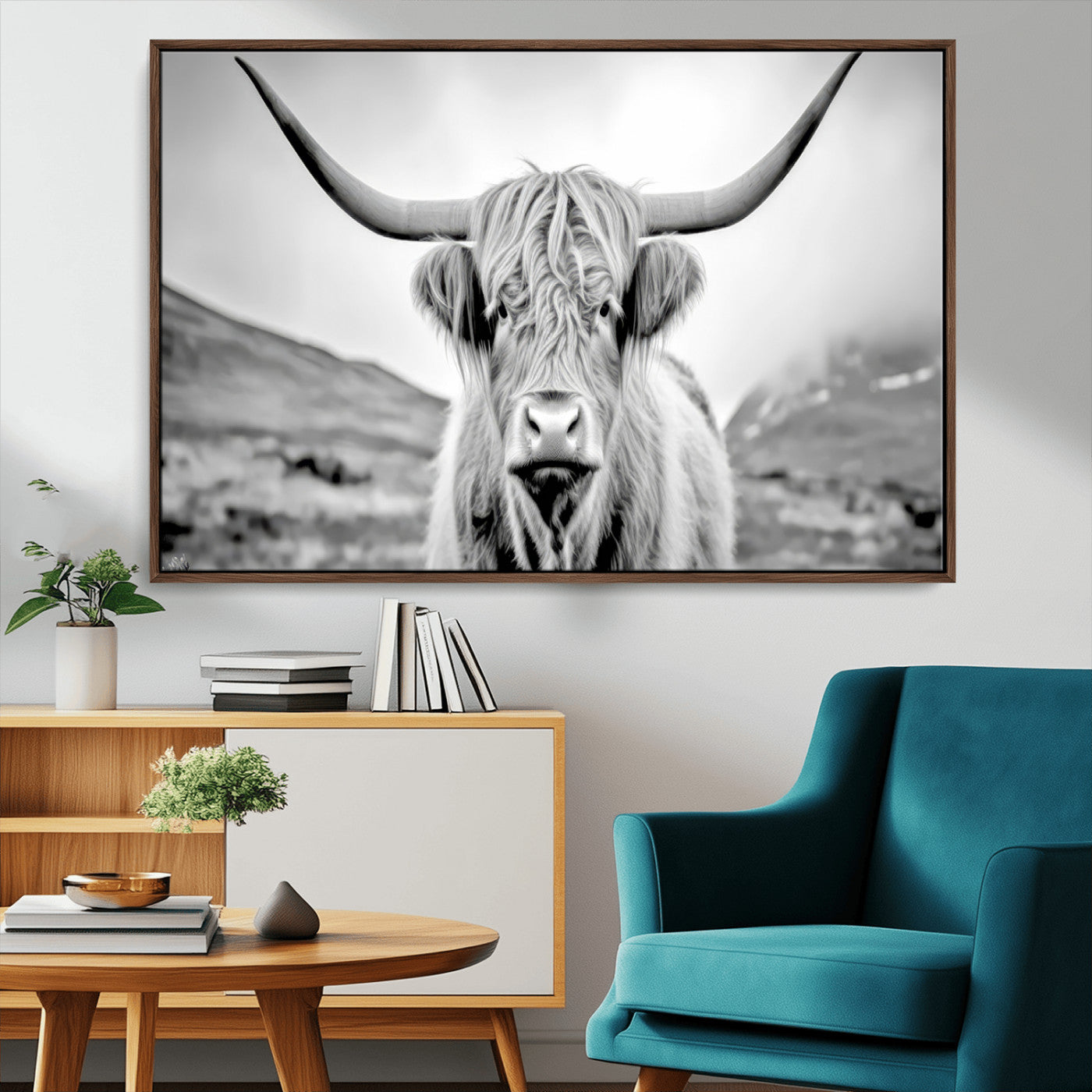 80564-MGV-CV-36X24-Highland Cow Wall Art – Black and White Scottish Highland Canvas Print, Rustic Farmhouse Decor for Living Room, Bedroom or Office