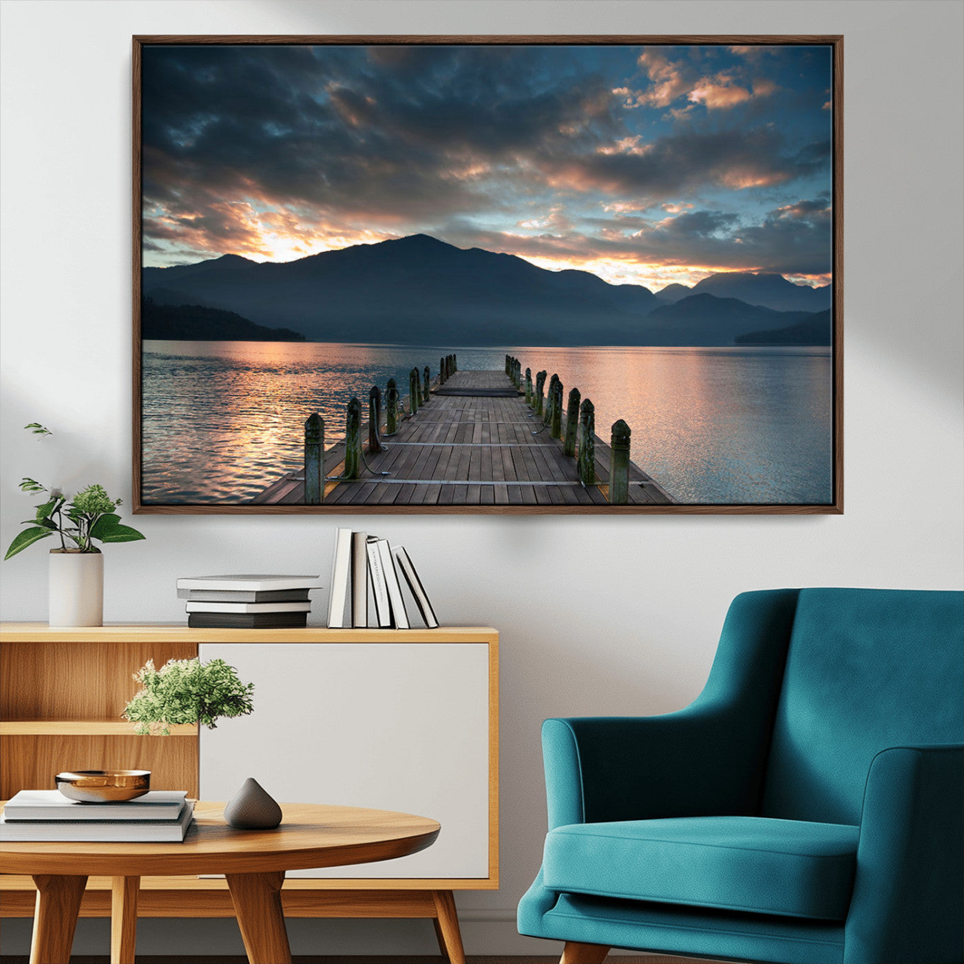 20442-MGV-CV-36X24-Lakeside Sunset Dock Wall Art – Peaceful Mountain Lake Canvas Print, Serene Nature Landscape Decor for Living Room, Bedroom or
