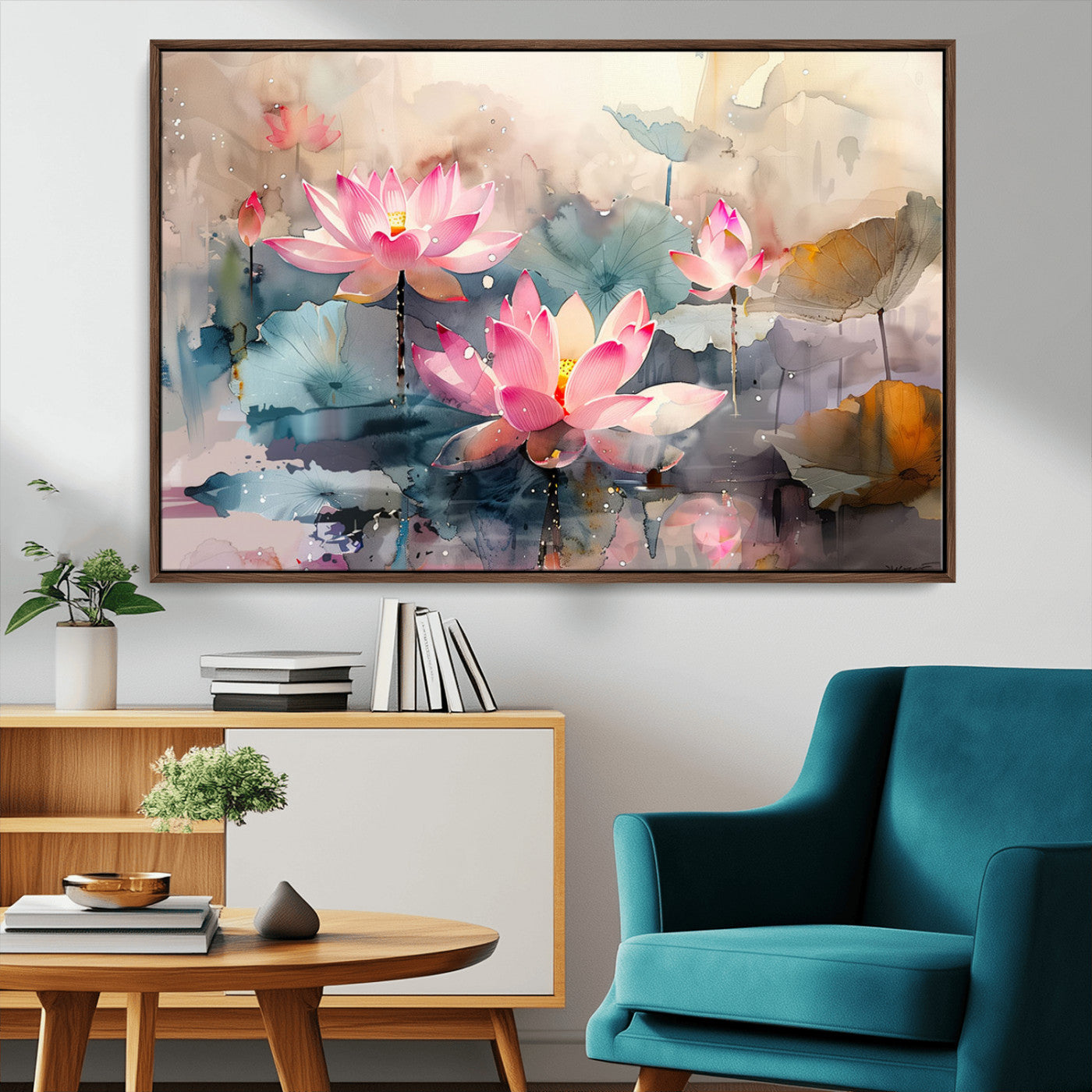 27936-MGV-CV-36X24-Lotus Pond Wall Art – Watercolor Pink Lotus Flowers Canvas Print, Tranquil Botanical Artwork for Bedroom, Living Room or