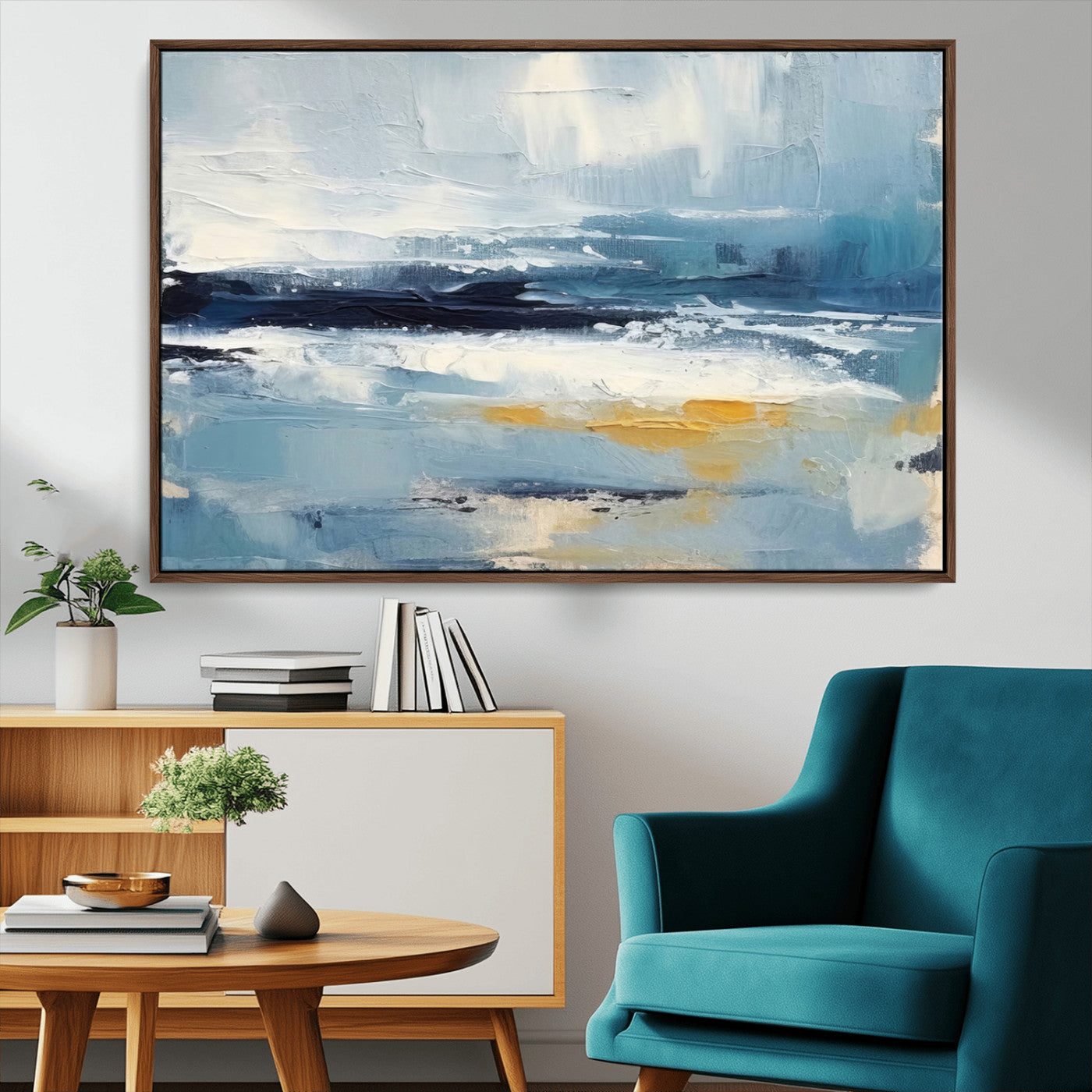 19746-MGV-CV-36X24-Abstract Ocean Wall Art – Modern Coastal Canvas Print with Blue, White and Gold Textures, Contemporary Seascape Painting for