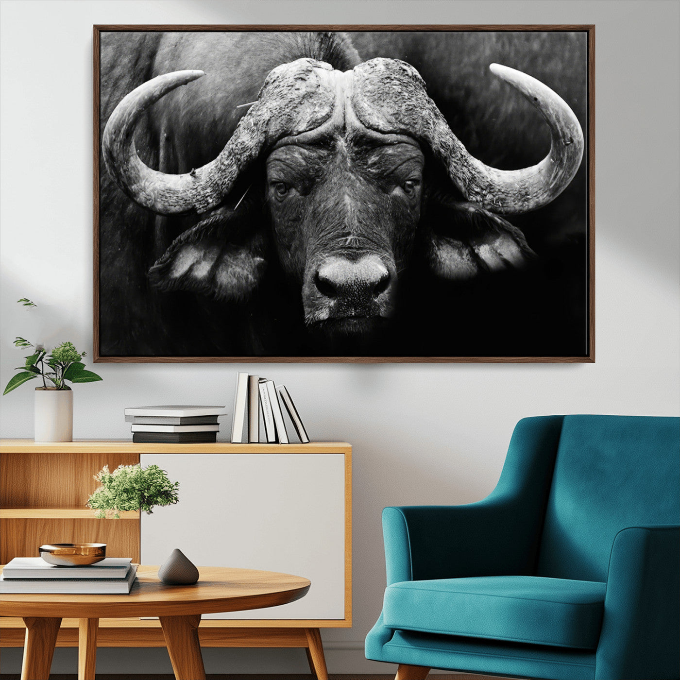 75273-MGV-CV-36X24-Buffalo Wall Art – Black and White African Buffalo Canvas Print, Rustic Wildlife Animal Artwork for Farmhouse, Living Room,