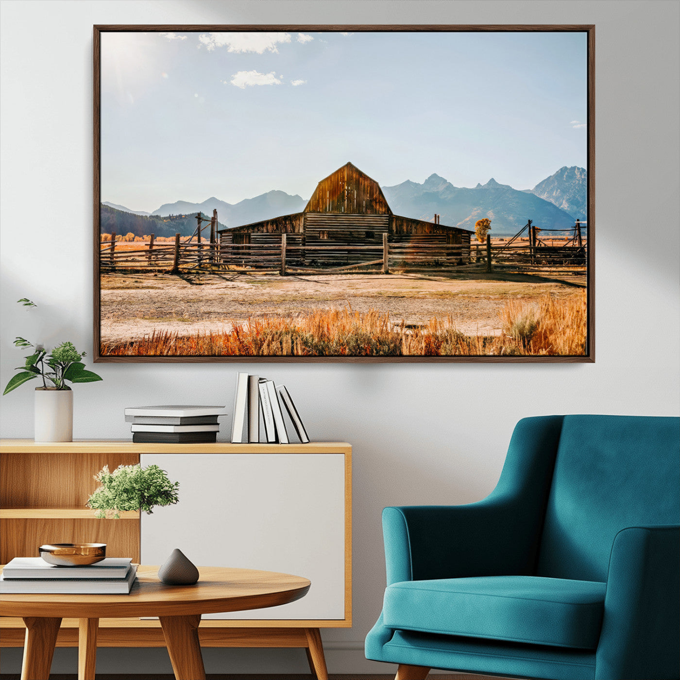 26513-MGV-CV-36X24-Rustic Barn Wall Art – Vintage Farmhouse Canvas Print with Mountain Landscape, Western Country Wall Decor for Living Room, Office