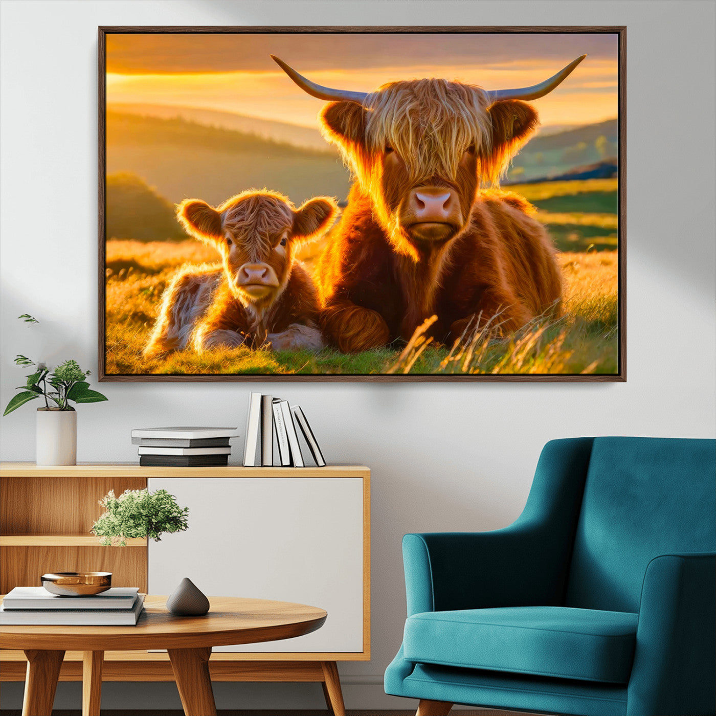 20567-MGV-CV-36X24-Highland Cow and Calf Wall Art – Rustic Farmhouse Sunset Cattle Canvas Print, Country Animal Artwork for Living Room, Bedroom, or