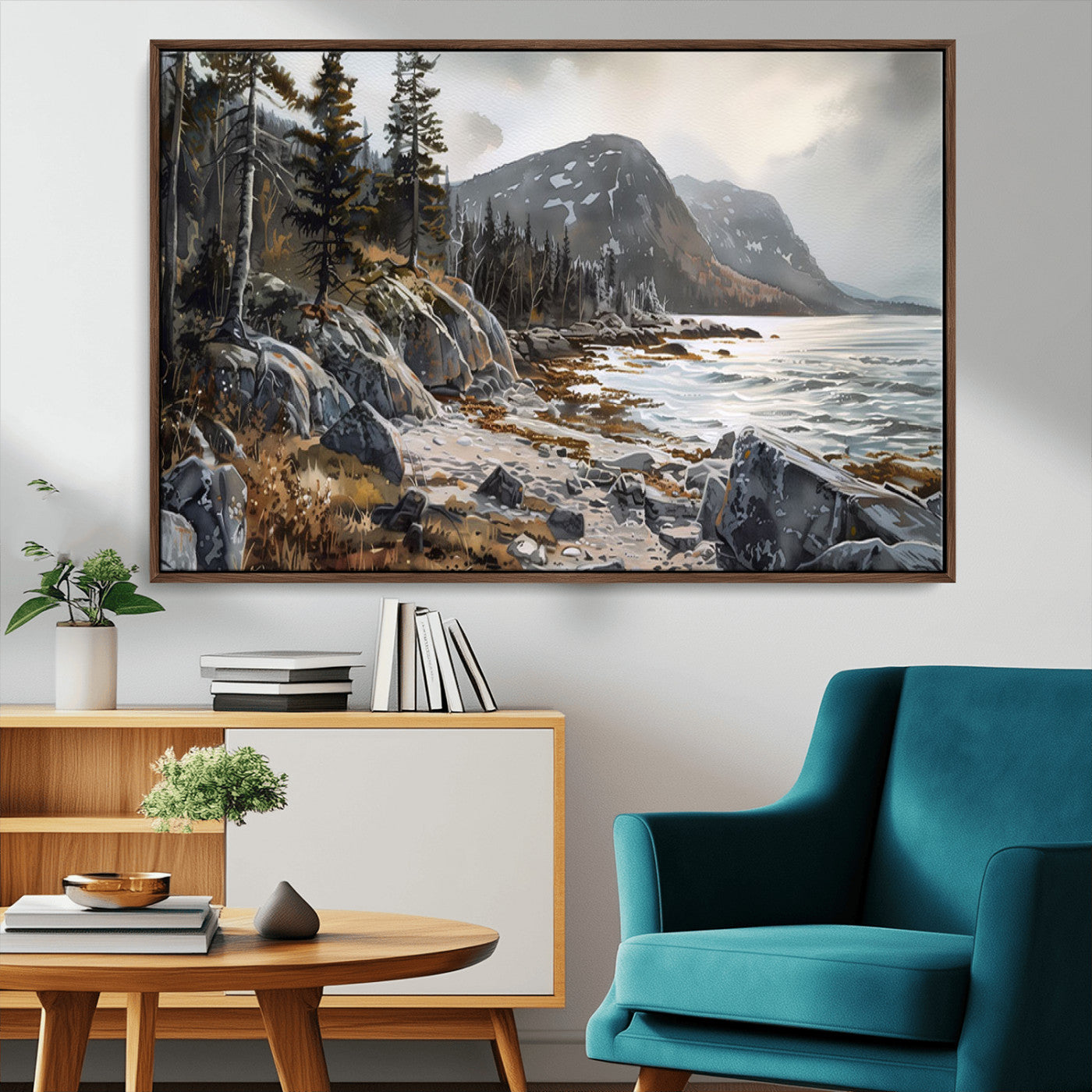 41281-MGV-FC-36X24_Walnut-Rocky Shoreline Wall Art – Panoramic Mountain Coast and Forest Canvas Print, Rustic Nature Landscape Decor for Cabin, Lodge, or