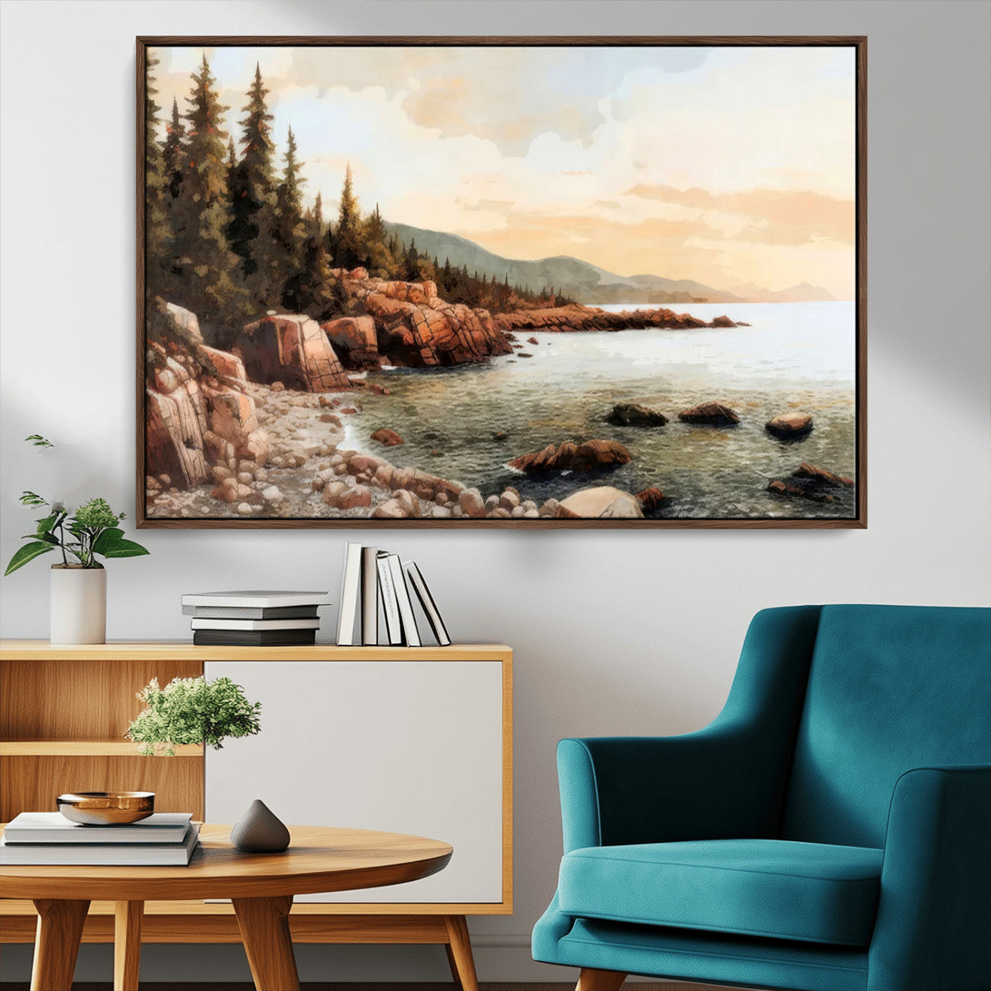 77145-MGV-FC-36X24_Walnut-Coastal Landscape Wall Art – Panoramic Rocky Shoreline and Pine Trees Canvas Print, Rustic Nature Decor for Cabin, Lodge, Office,