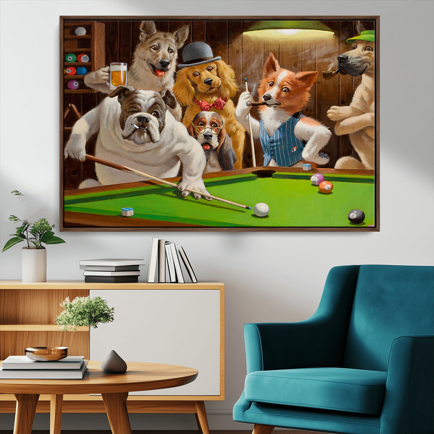 34228-MGV-CV-36X24-Dogs Playing Pool Wall Art Canvas Print, Framed Funny Dog Art Picture Print, Dog Perfect Game Room Decor Artwork