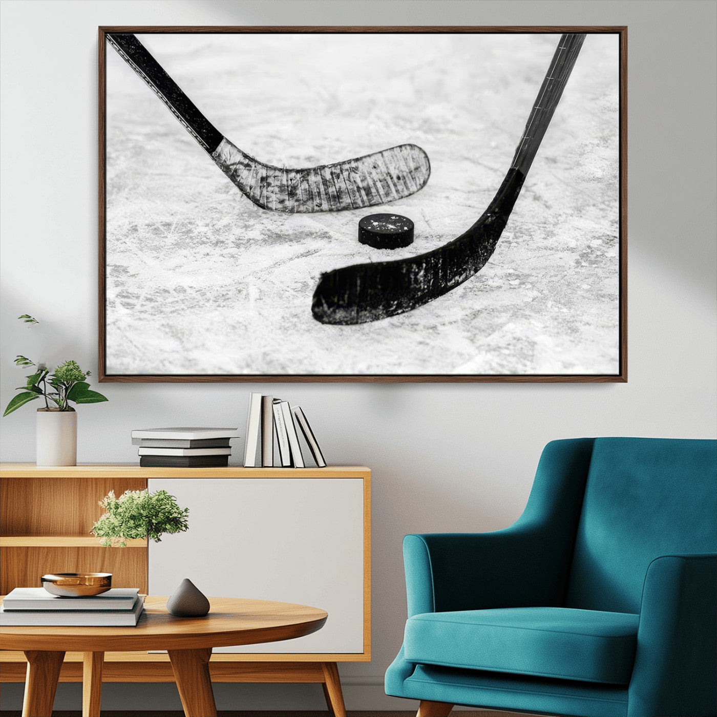 82900-MGV-CV-36X24-Hockey Wall Art – Black and White Canvas Print Ice Rink Sticks Puck Sports Photography, Modern Decor for Game Room, Man Cave,