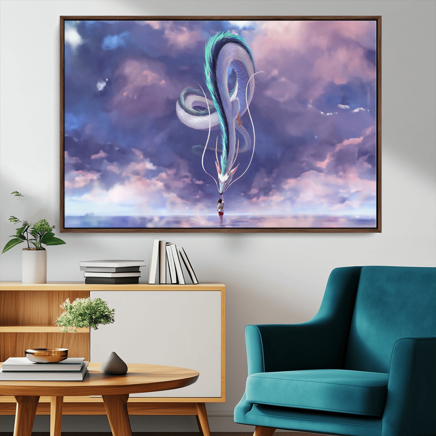 66864-MGV-FC-36X24_Walnut-Fantasy Dragon Wall Art – Mystical Canvas Print Girl and Sky Serpent Dreamlike Clouds, Magical Anime Inspired Decor for Living