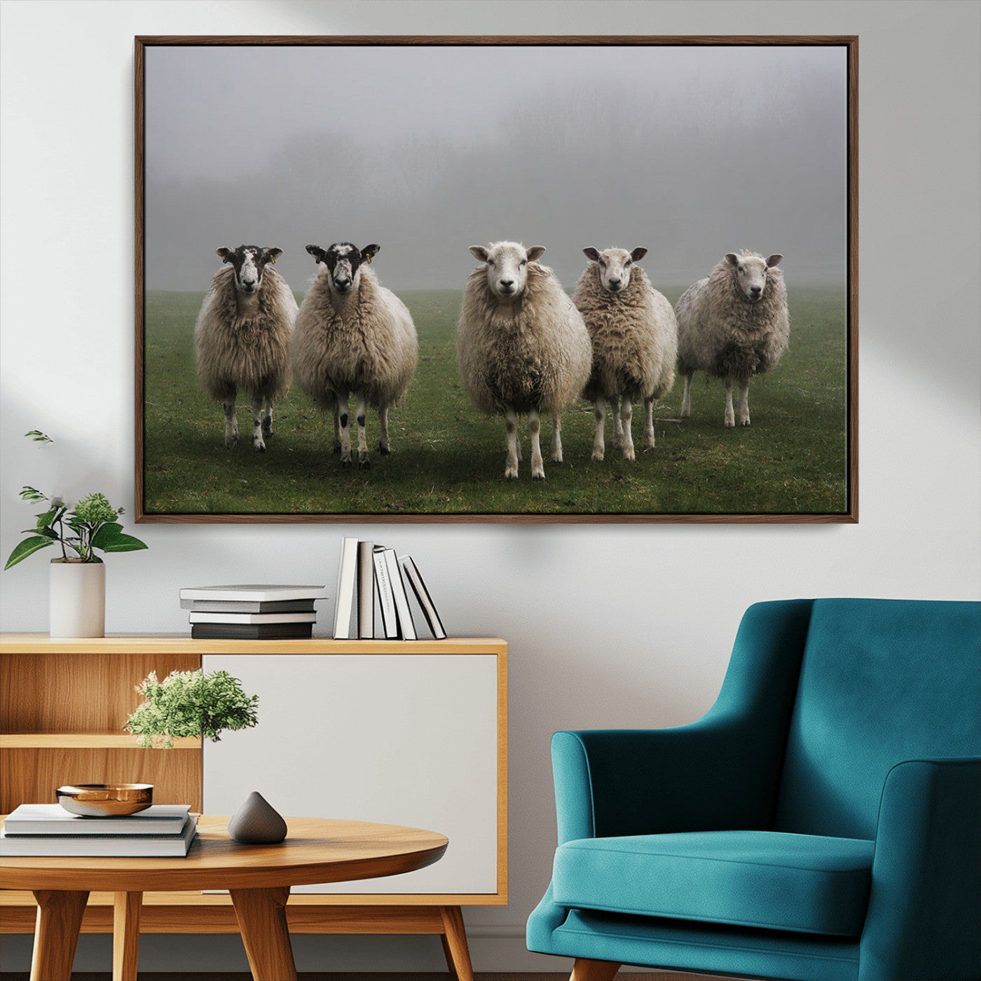 87339-MGV-FC-36X24_Walnut-Sheep Wall Art – Rustic Farmhouse Canvas Print Flock Standing Misty Field Countryside Photography, Country Animal Decor for Living