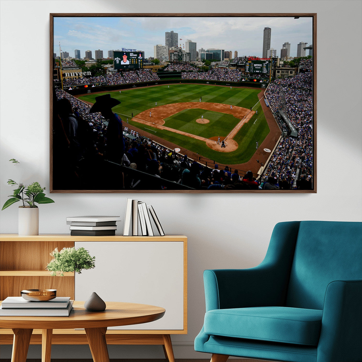 34859-MGV-FC-36X24_Walnut-Wrigley Field Wall Art Canvas Print, Framed Chicago Cubs Stadium Art Picture Print, Wrigley Stadium Field Perfect Sport Room Decor