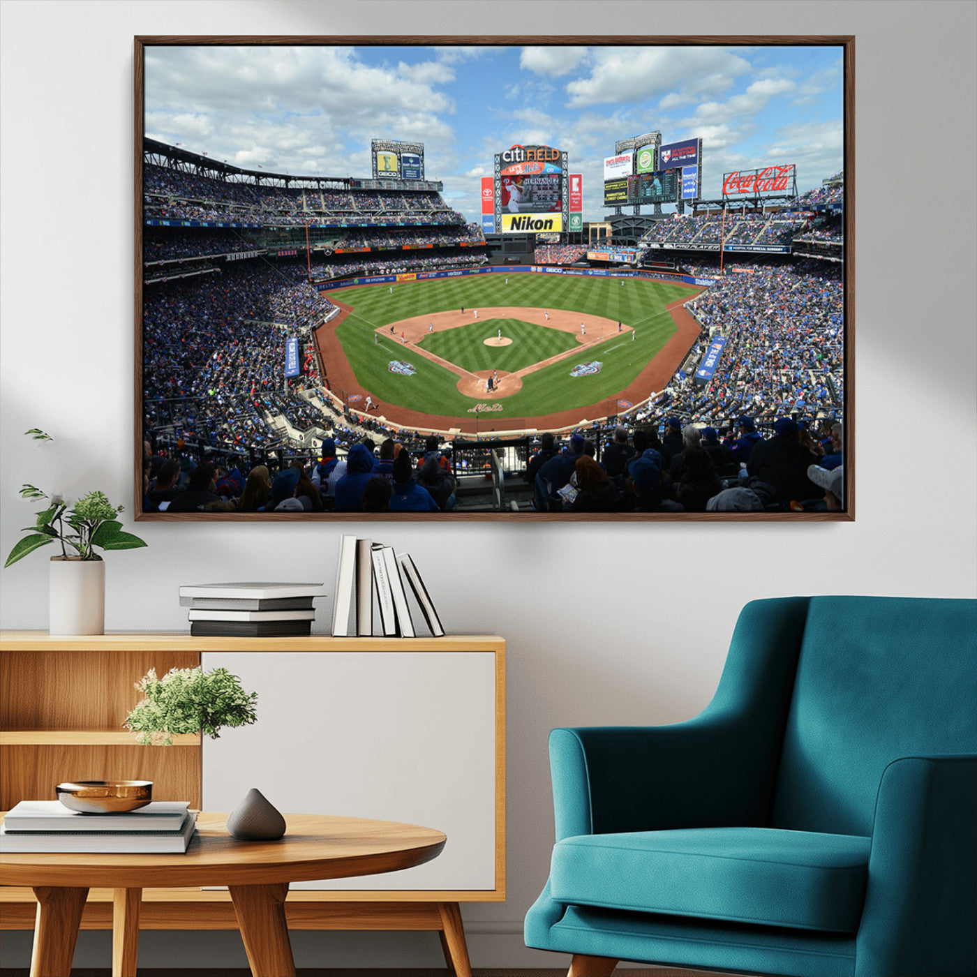 22910-MGV-FC-36X24_Walnut-City Field Stadium Wall Art Canvas Print, Framed New York Stadium Art Picture Print, City Field Perfect Sport Room Decor Artwork