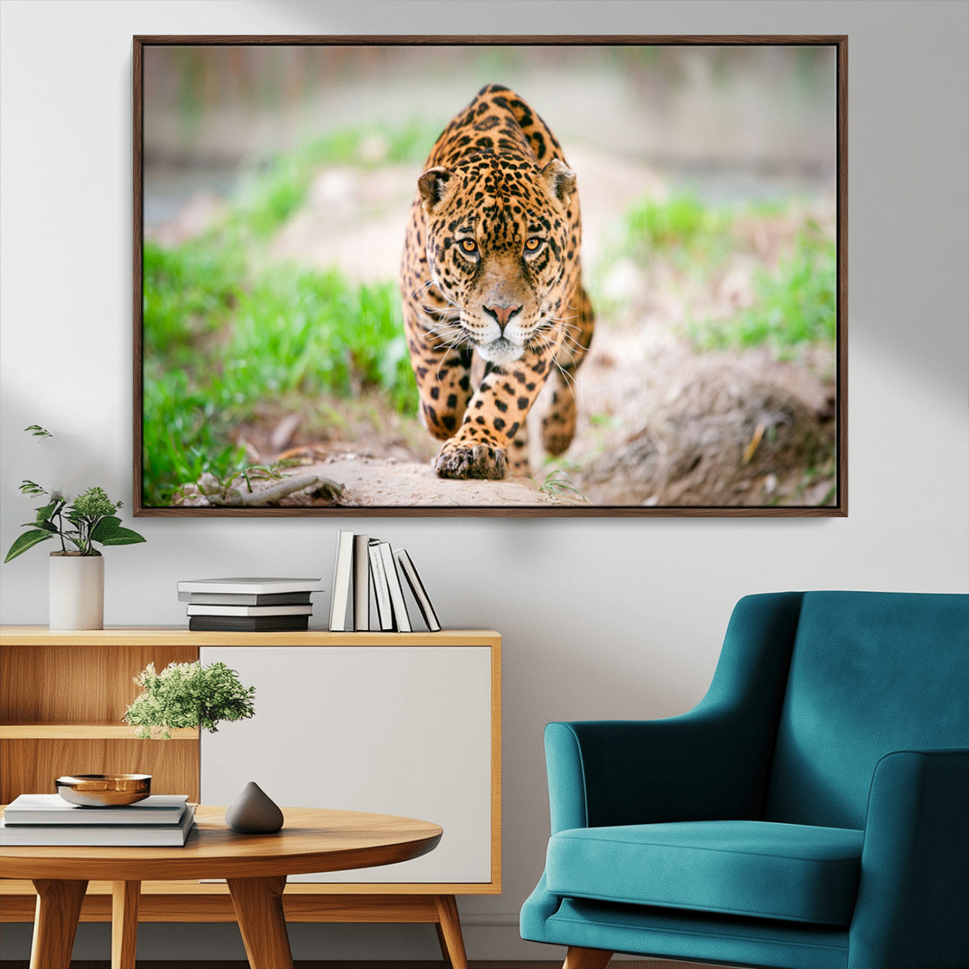 75066-MGV-FC-36X24_Walnut-Leopard Wall Art Canvas Print, Framed Wild Animal Art Picture Print, Blue Eye Leopard Perfect Wild Minimal Decor Artwork