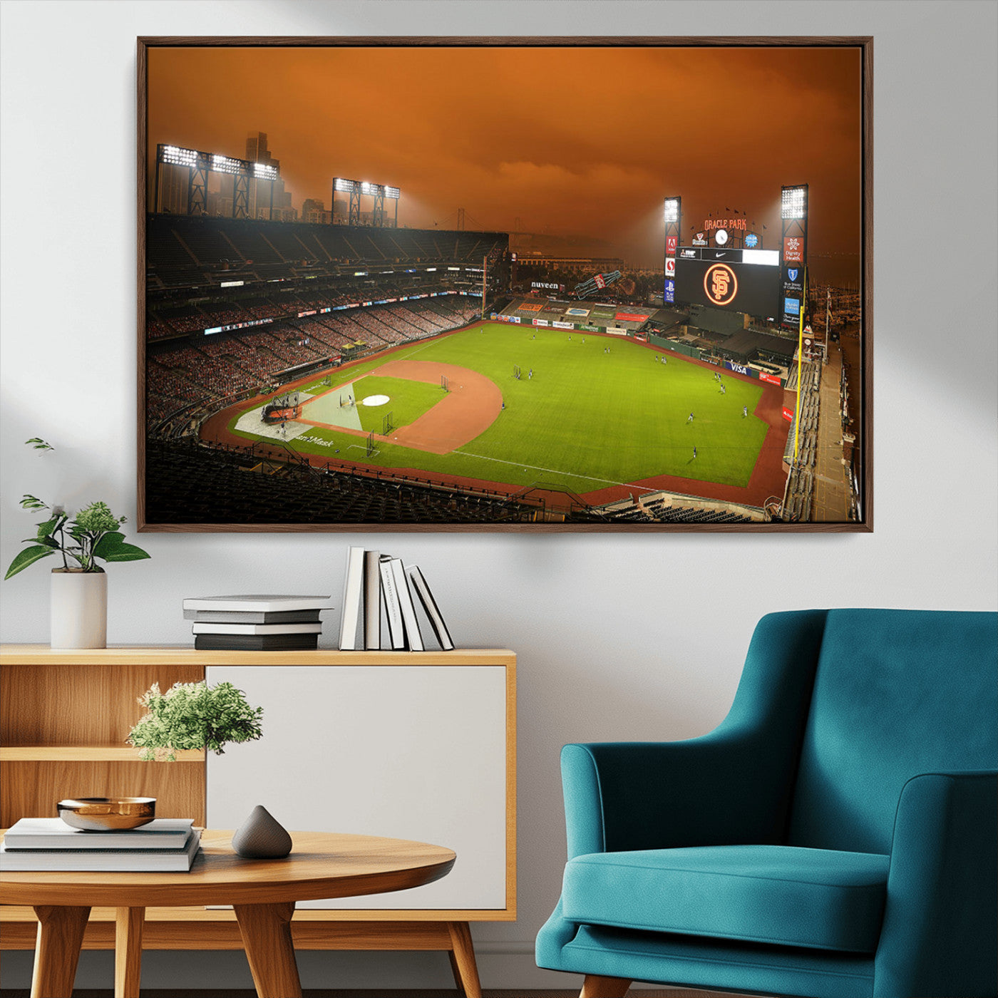 31315-MGV-FC-36X24_Walnut-Oracle Park Stadium Wall Art Canvas Print, Framed California Stadium Art Picture Print, Oracle Park Field Perfect Sport Room Decor