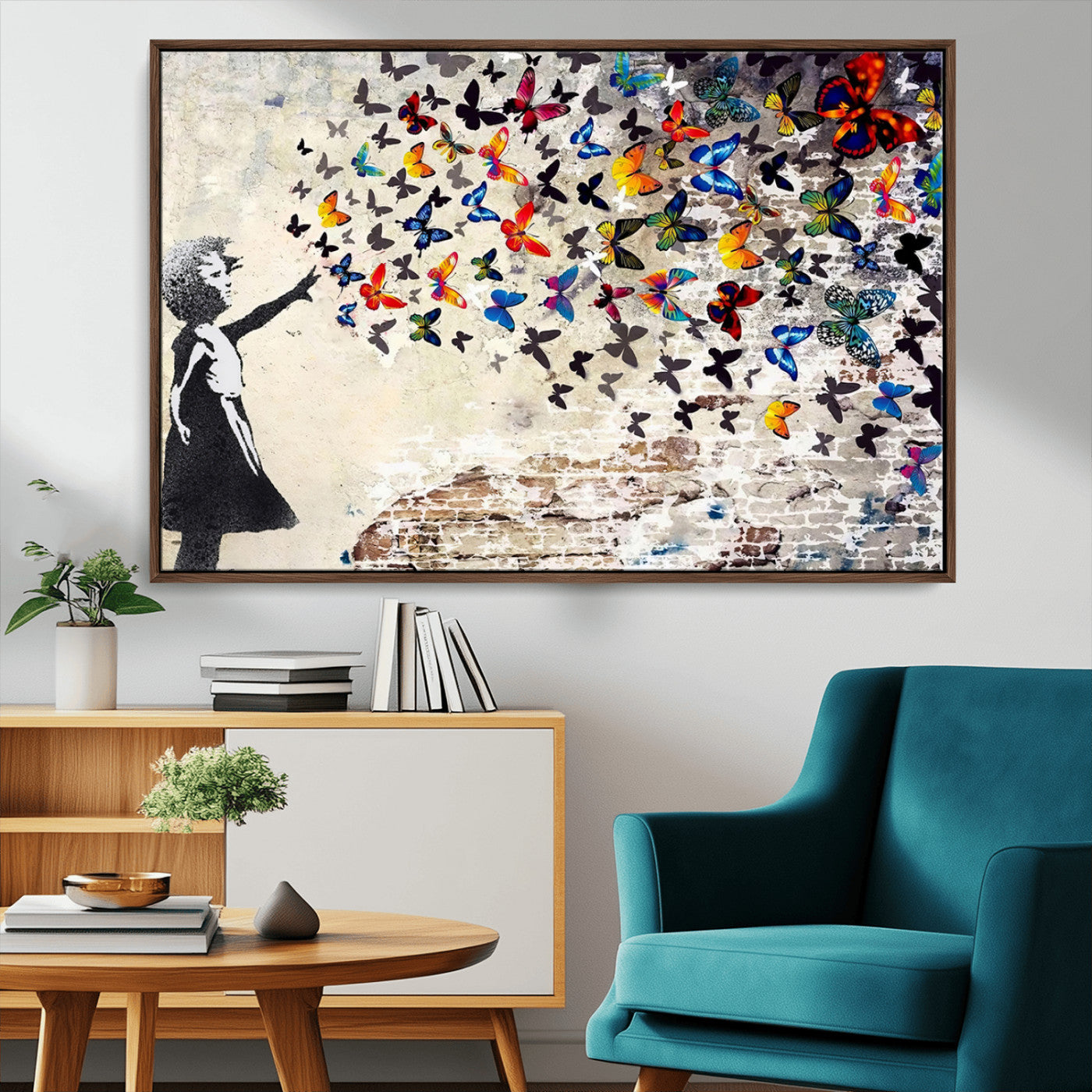 97895-MGV-CV-36X24-Girl with Butterflies Wall Art – Colorful Street Art Style Canvas Print, Modern Graffiti-Inspired Butterfly Artwork for Living