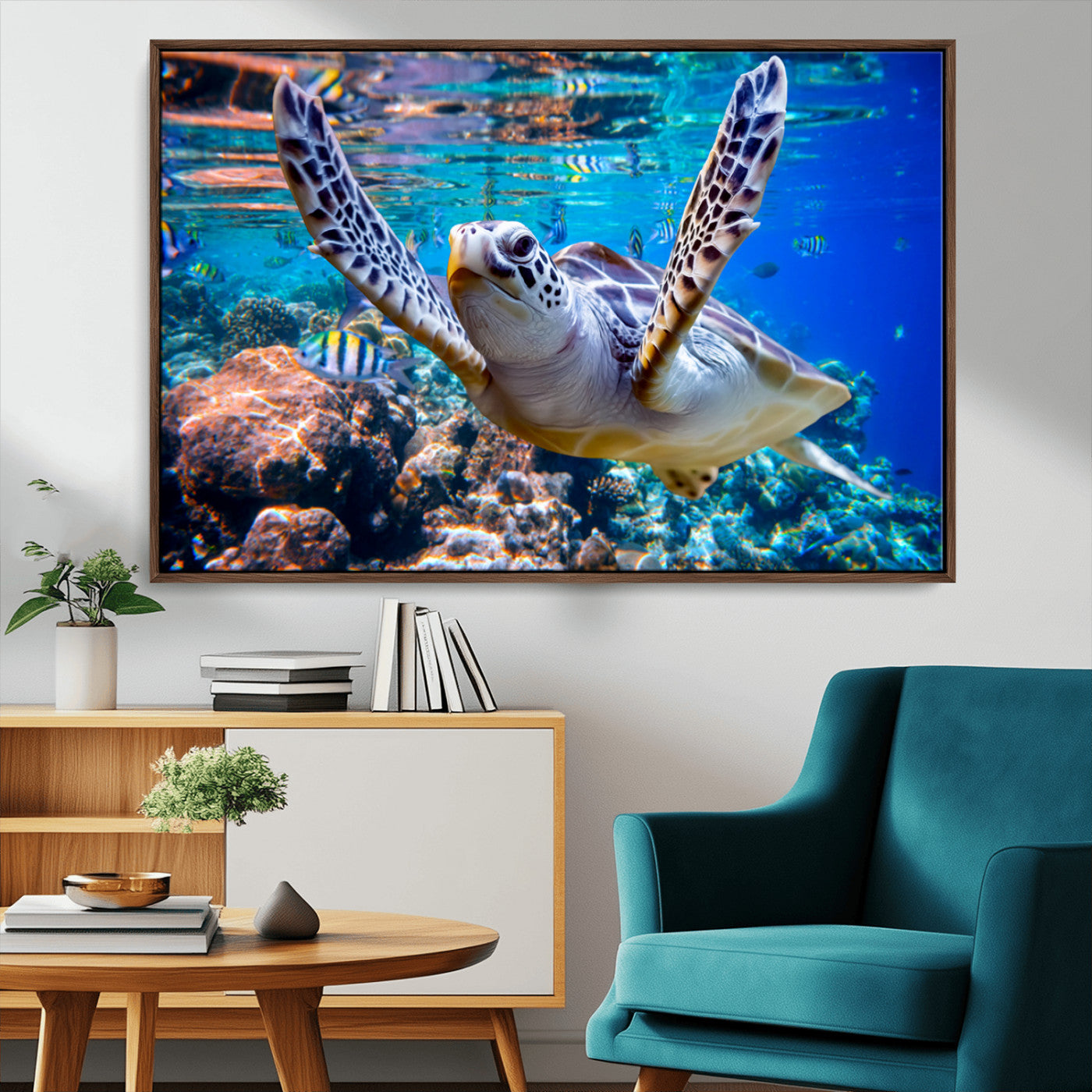 12683-MGV-CV-36X24-Sea Turtle Wall Art – Graceful Ocean Canvas Print with Coral Reef and Tropical Fish, Coastal Marine Life Decor for Beach House,