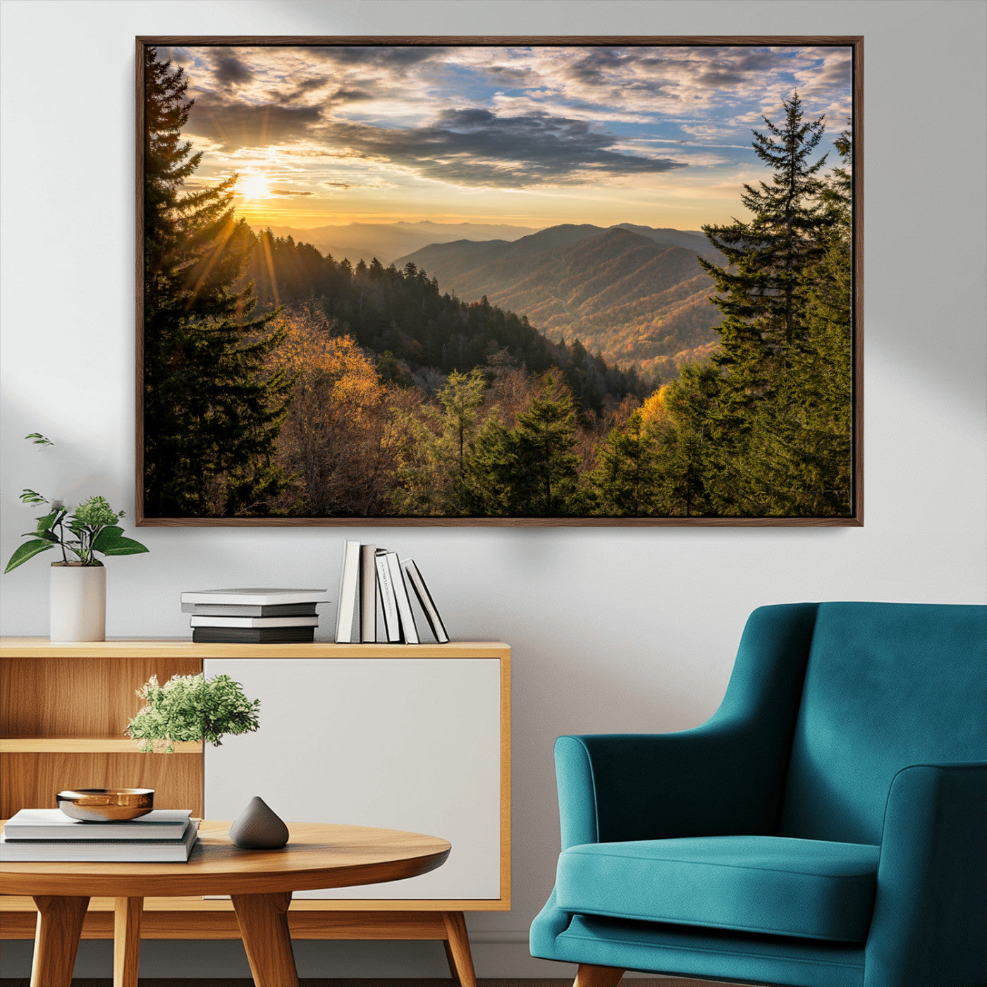 73692479-MGV-CV-36X24-Smoky Mountains Wall Art Canvas Print, Framed Forest Mountain Art Picture Print, Spring Mountain Perfect Spring Style Decor
