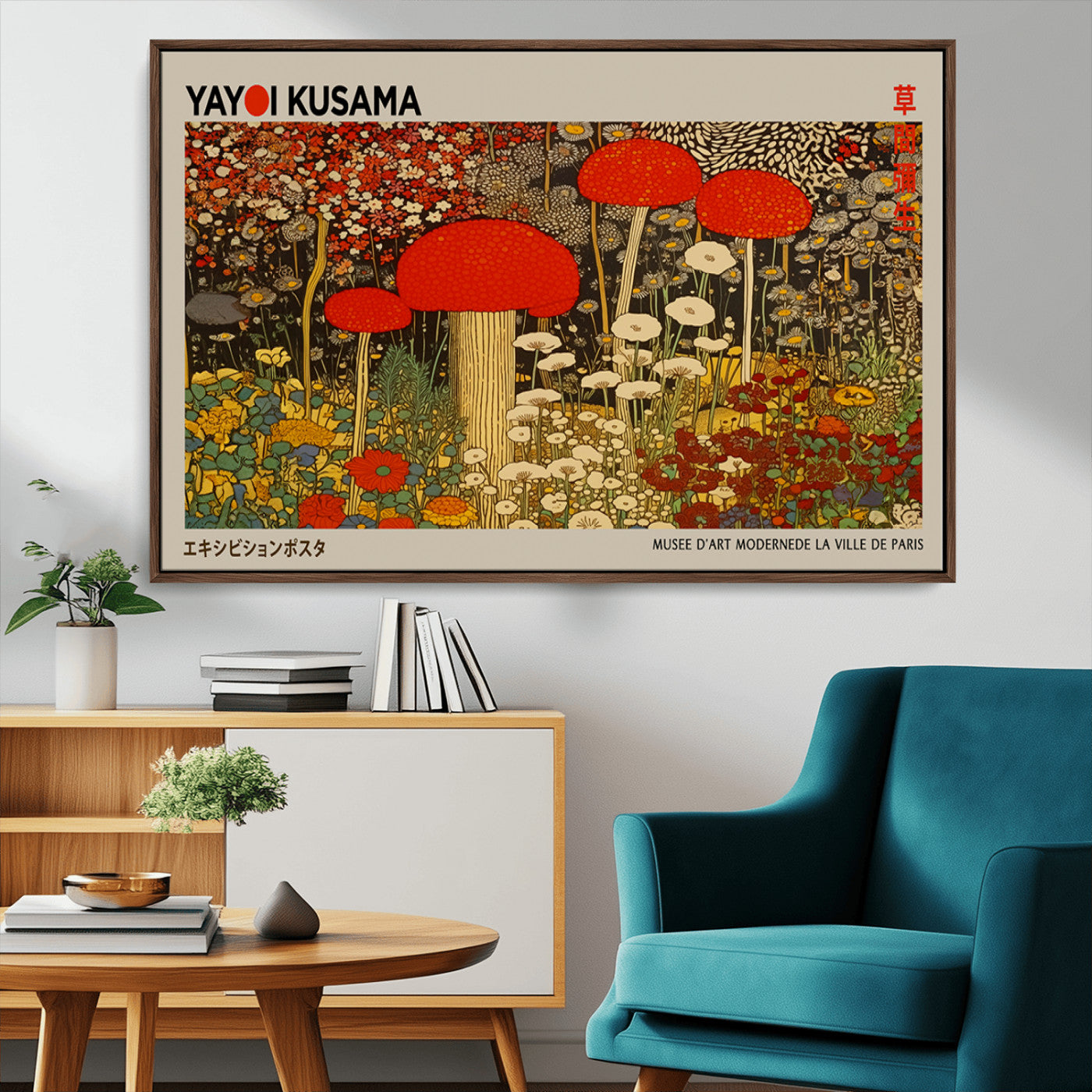 38013-MGV-CV-36X24-Yayoi Kusama Inspired Mushroom Garden Wall Art – Whimsical Botanical Canvas Print, Surreal Nature Poster, Fantasy Floral Artwork