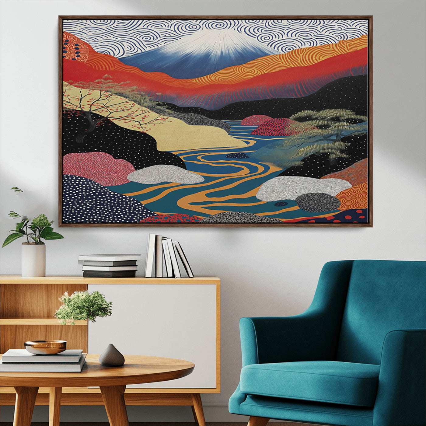 32131-MGV-CV-36X24-Japanese Mount Fuji Wall Art – Abstract Landscape Canvas Print with Swirling Sky & River, Modern Minimalist Asian Inspired Poster
