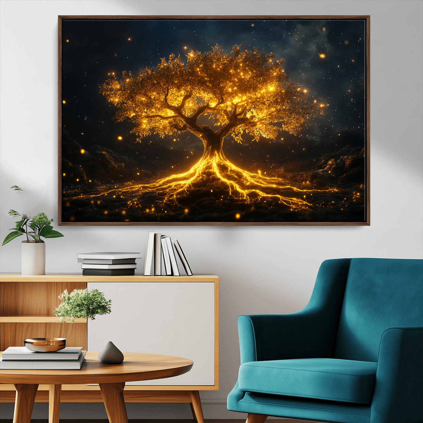 60194-MGV-CV-36X24-Glowing Tree Wall Art – Golden Roots Fantasy Canvas Print, Mystical Illuminated Tree Painting Poster for Living Room, Bedroom,