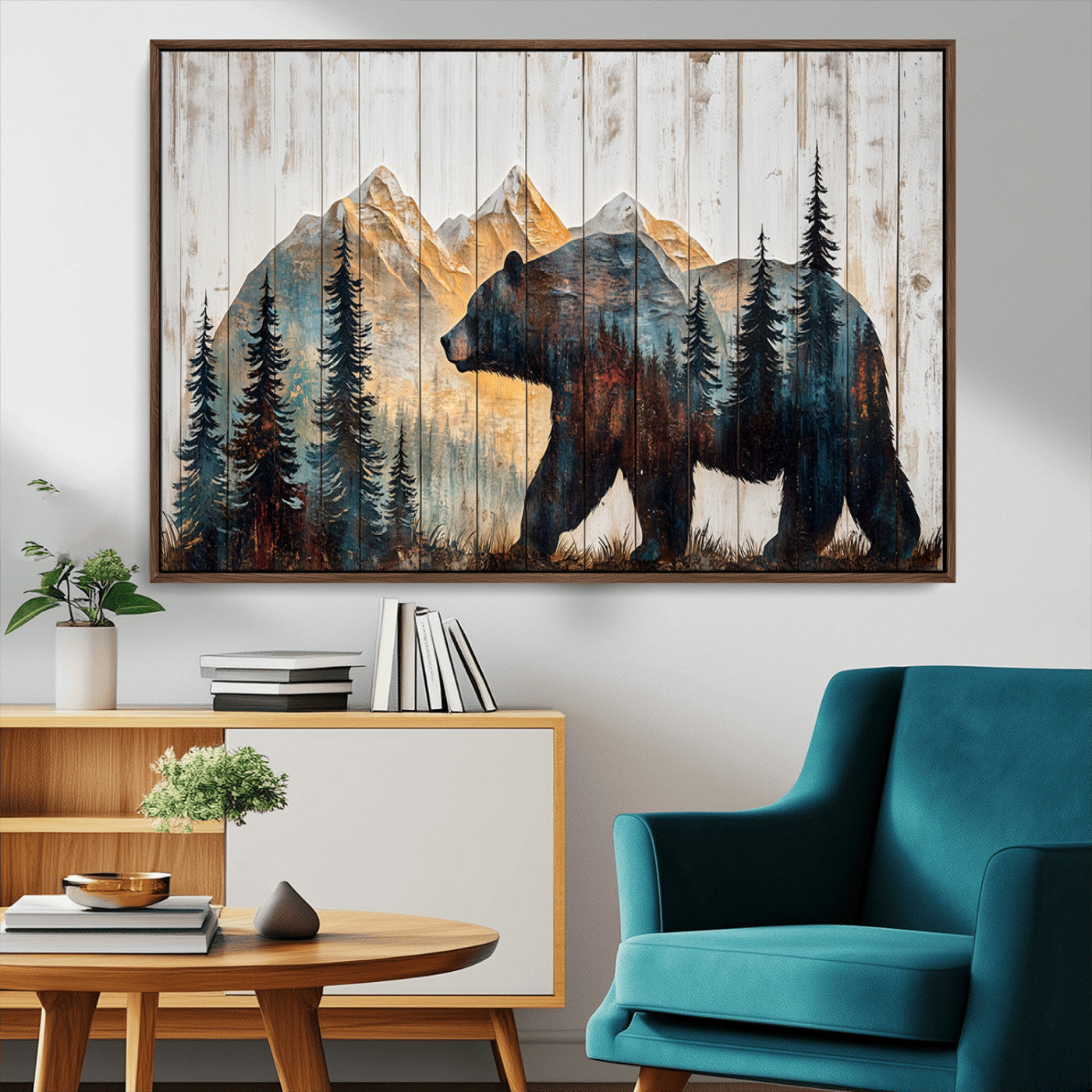 90077-MGV-FC-36X24_Walnut-Wood Grizzly Bear Wall Art Canvas Print, Framed Abstract Bear Art Picture Print, Bear in Forest Perfect Rustic Lodge Decor Artwork