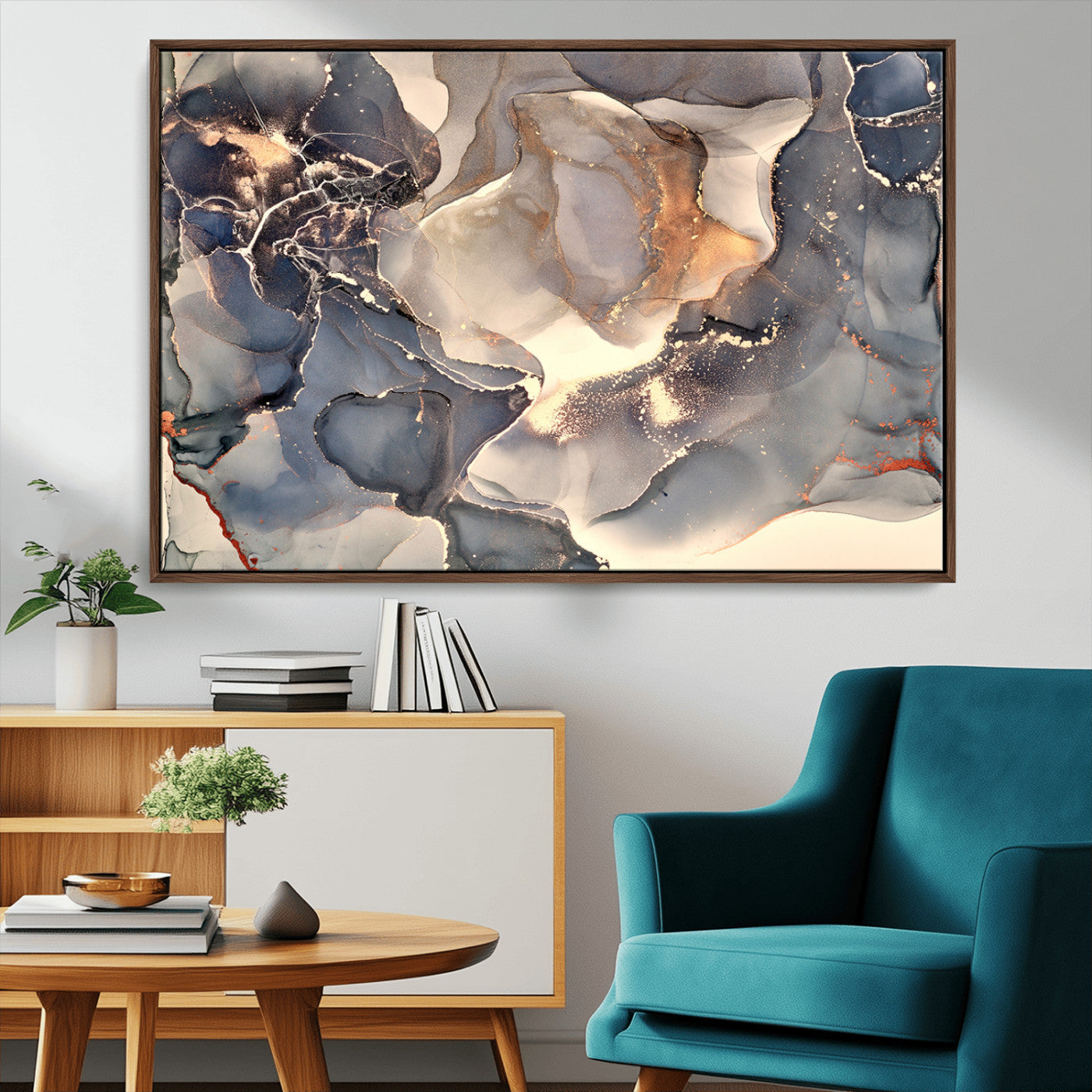 18202-MGV-CV-36X24-Abstract Neutral Wall Art – Blue, Beige and Gold Fluid Ink Canvas Print, Modern Minimalist Painting for Living Room, Office