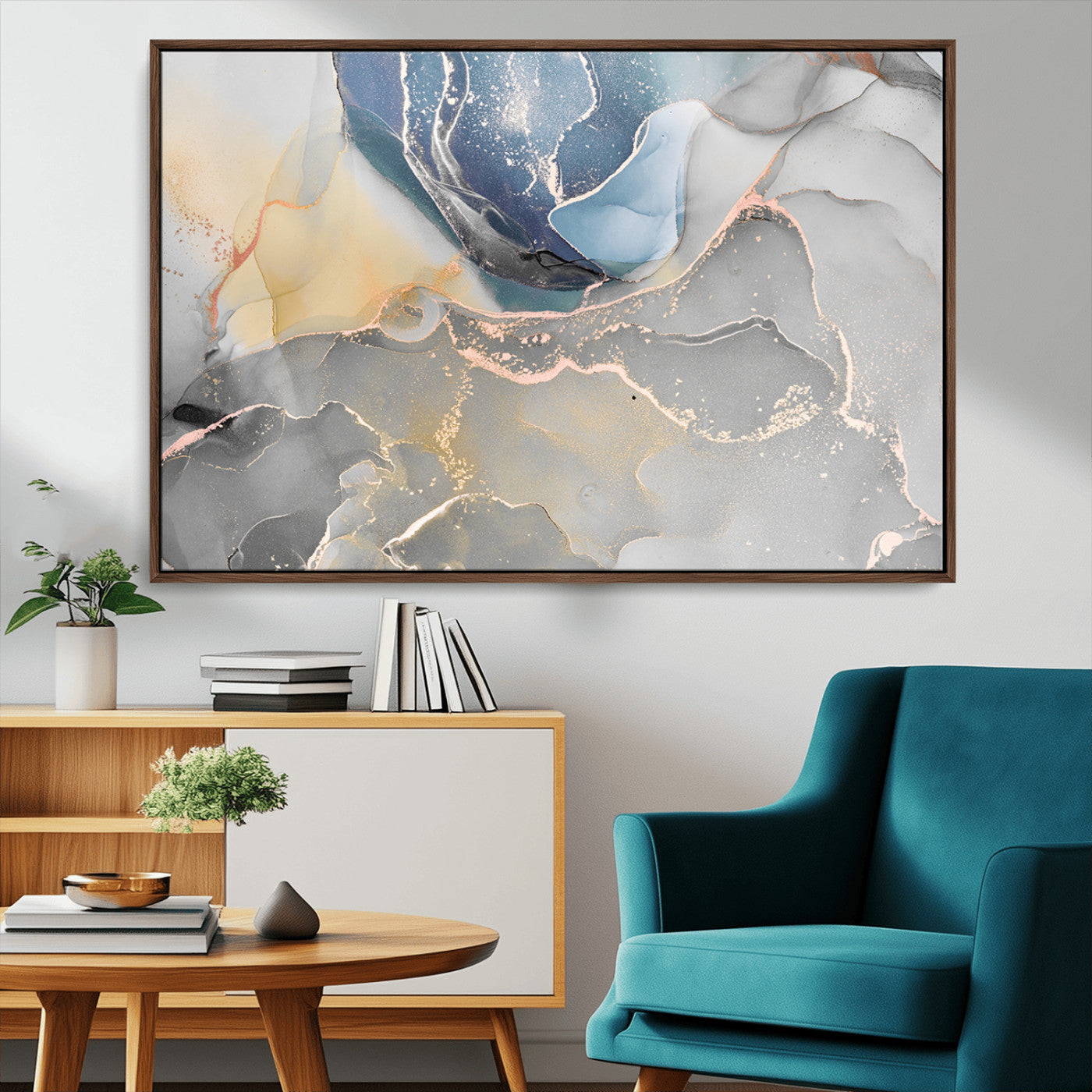 18176-MGV-CV-36X24-Abstract Fluid Wall Art – Modern Marble Ink Canvas Print with Blue, Gold, and Gray Tones, Contemporary Minimal Artwork Decor for