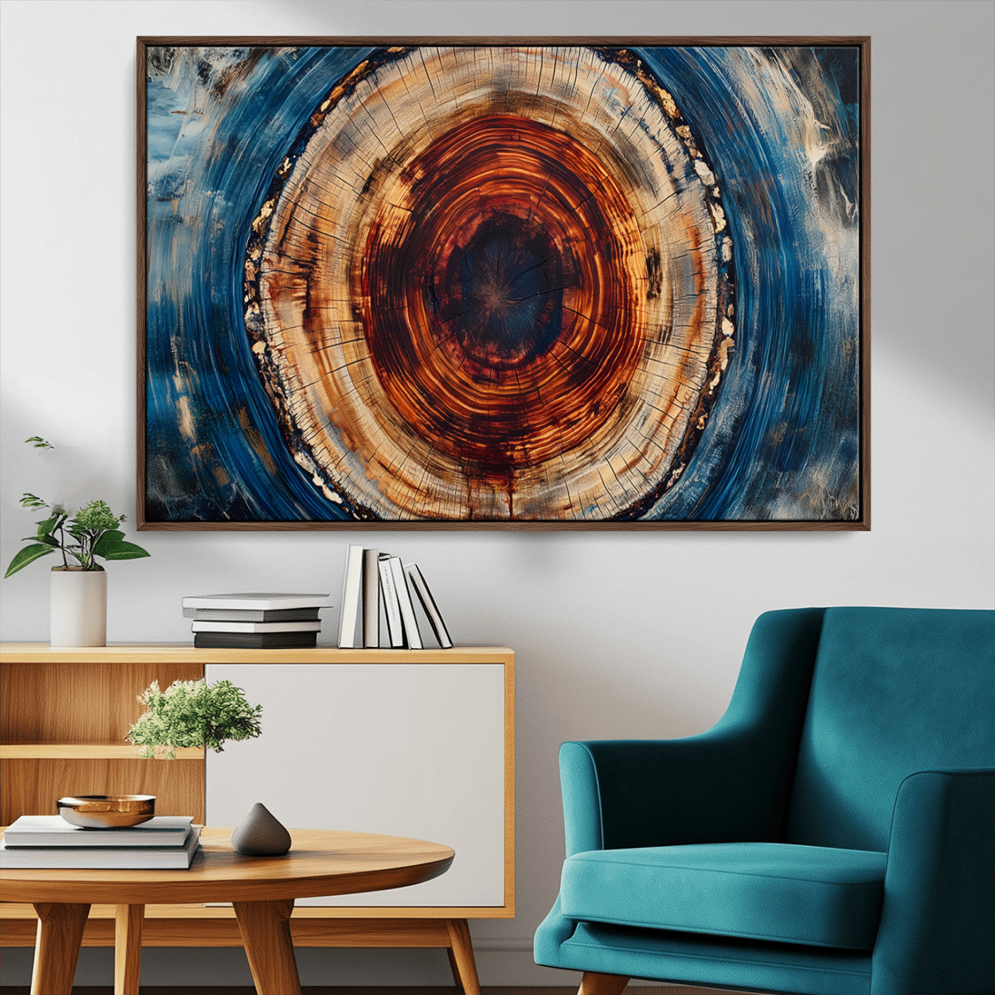 90395-MGV-CV-36X24-Tree Ring Wall Art – Abstract Wood Grain Canvas Print with Fiery Red and Blue Tones, Bold Rustic Nature Inspired Artwork Decor for