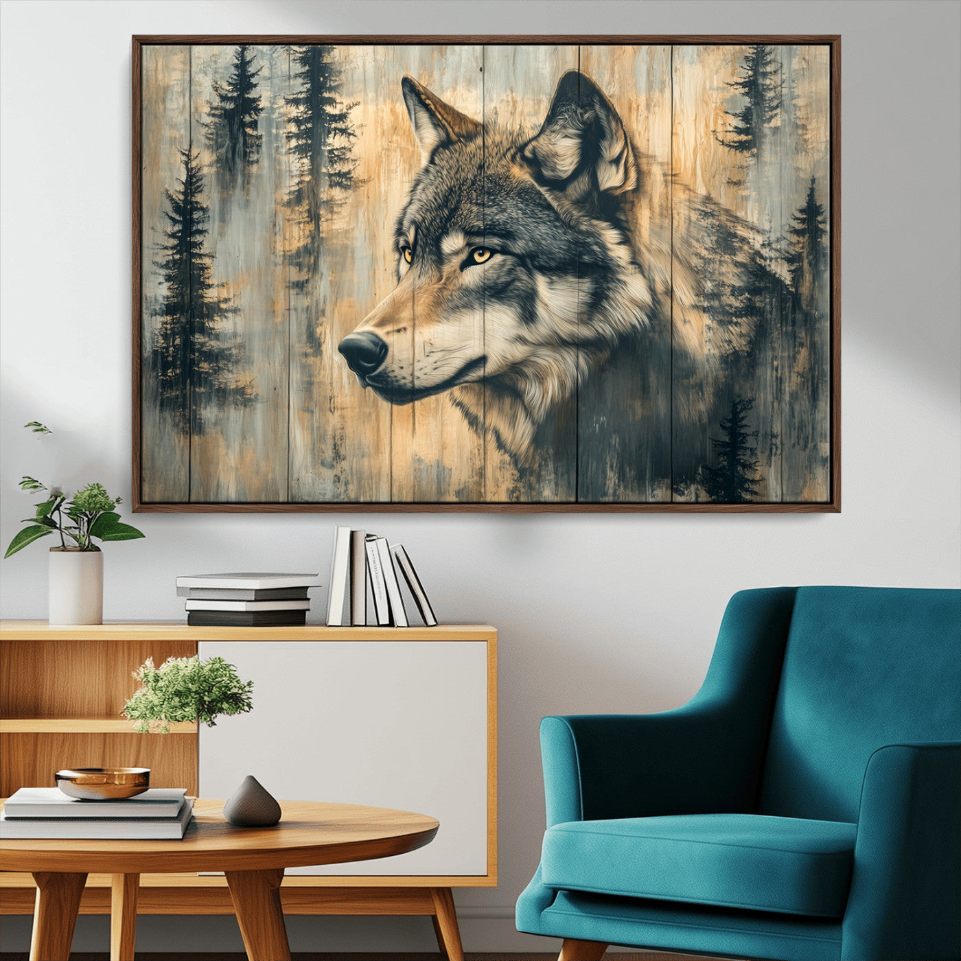 51892-MGV-CV-36X24-Wolf Wall Art – Rustic Canvas Print of Wolf with Forest Trees on Wood Texture, Wildlife Lodge Artwork for Living Room, Bedroom,