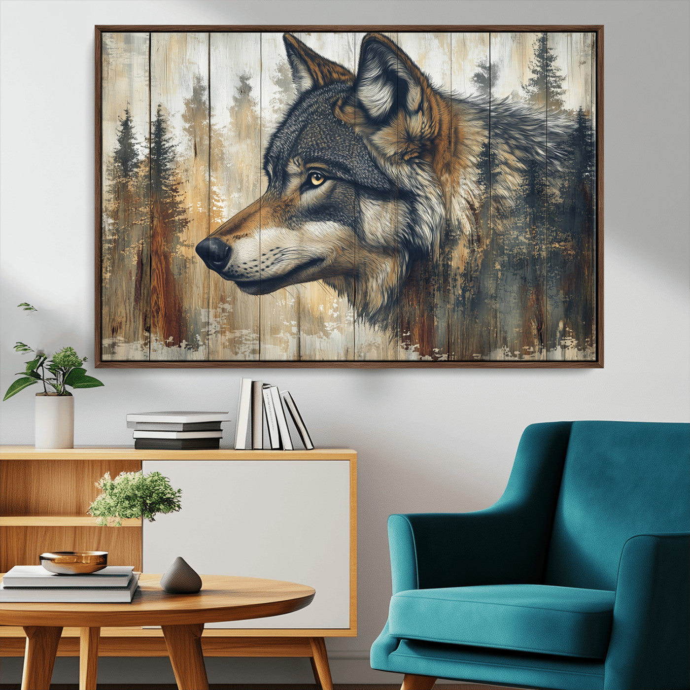 91882-MGV-CV-36X24-Wolf Wall Art – Rustic Canvas Print of Forest Wolf on Wood Background, Wildlife Lodge Artwork for Living Room, Bedroom, Cabin, or