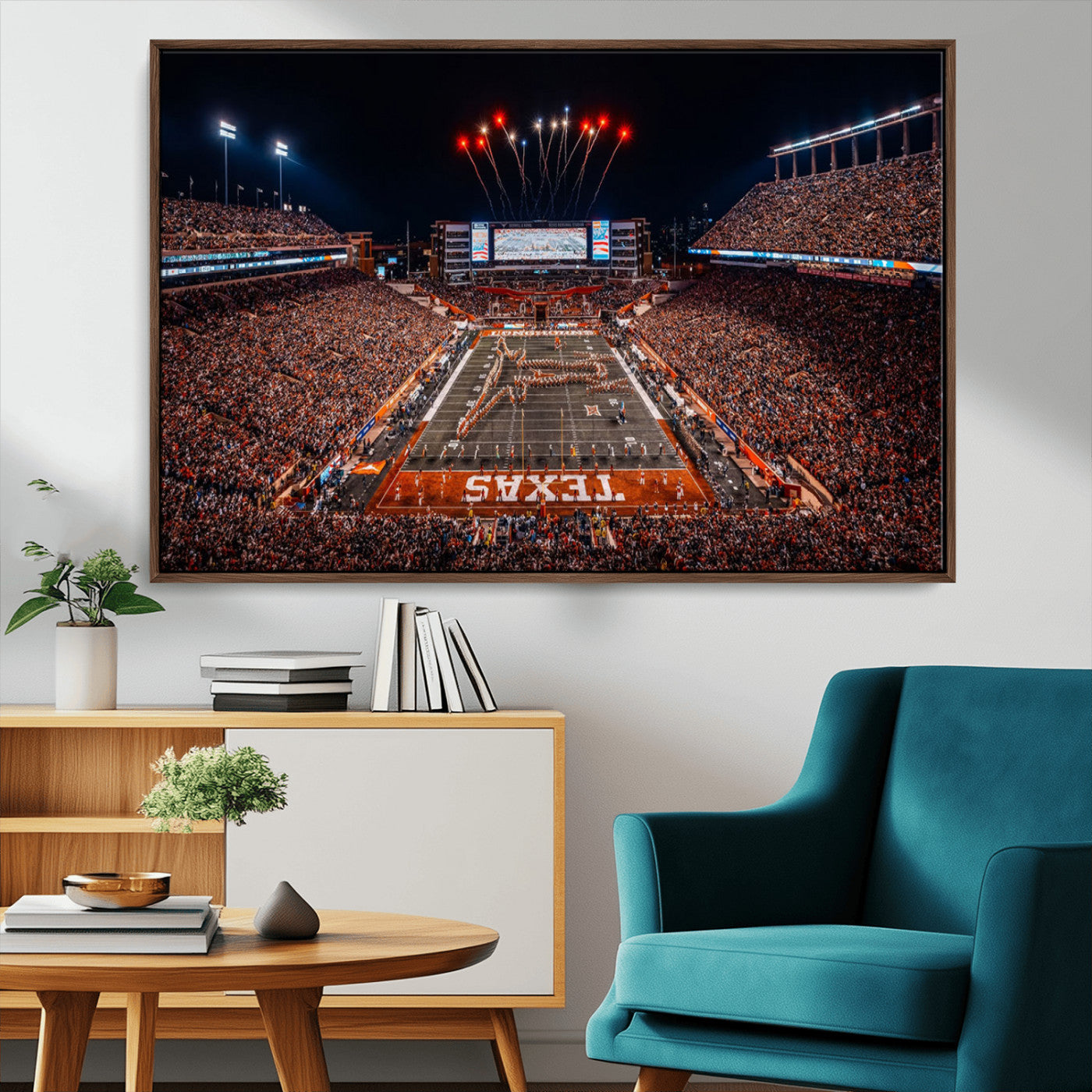 58778-MGV-CV-36X24-Texas Longhorns Stadium Wall Art – Panoramic Football Canvas Print with Game Day Crowd, Fireworks, Sports Artwork for Office or