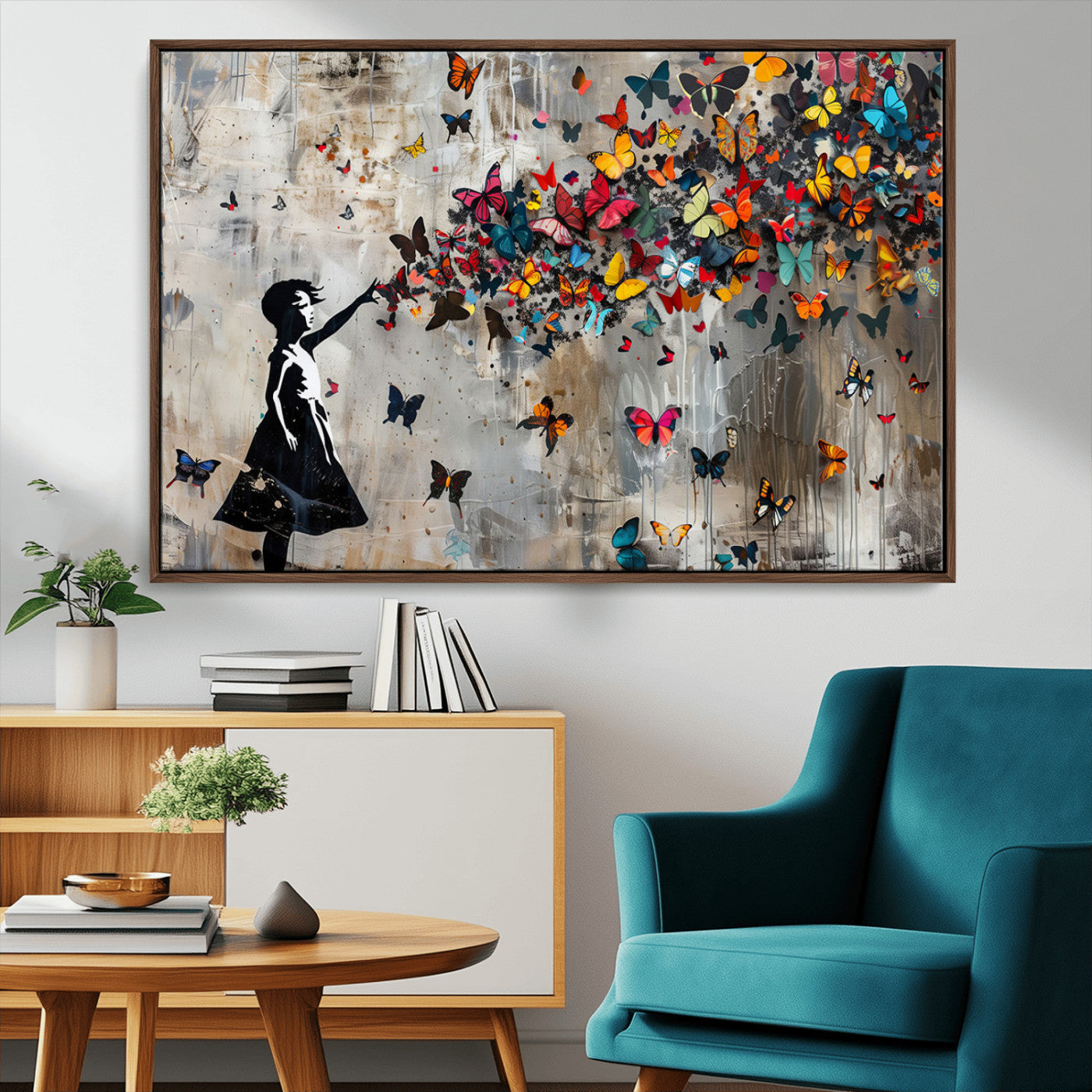51446-MGV-CV-36X24-Butterfly Wall Art – Modern Street Style Canvas Print with Girl Silhouette and Colorful Butterflies, Contemporary Artwork for