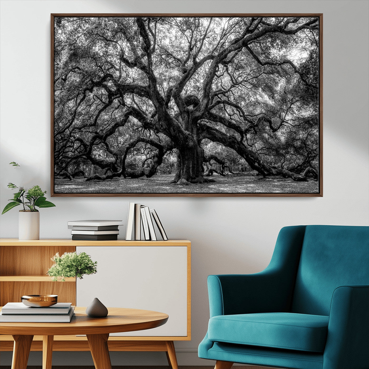 132944706-MGV-CV-36X24-Ancient Tree Wall Art – Black and White Photography Canvas Print Featuring Majestic Twisting Branches, Rustic Nature Artwork for