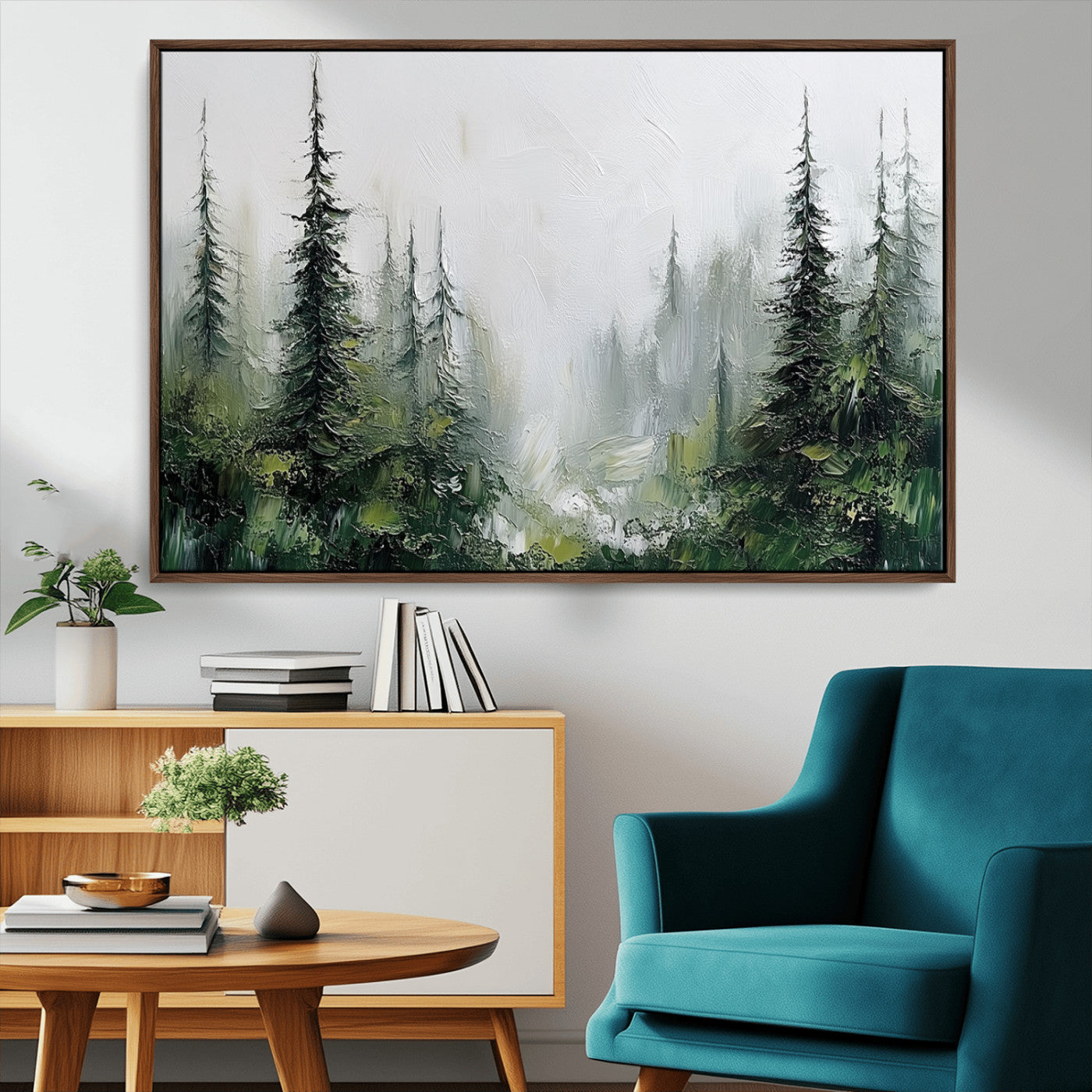 76014-MGV-CV-36X24-Forest Wall Art – Textured Canvas Print Featuring Misty Evergreen Pines and Woodland Landscape, Rustic Nature Artwork for Living