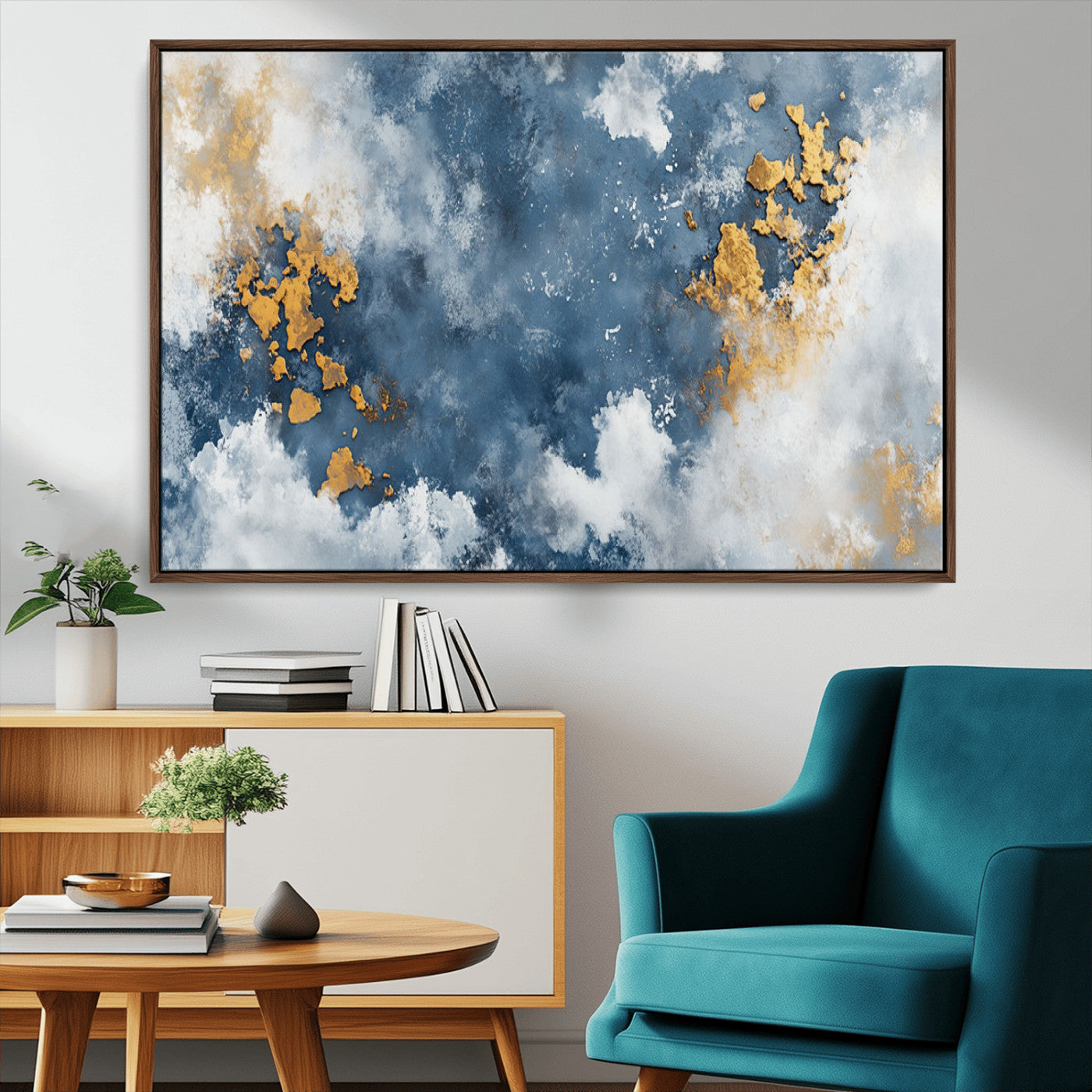 39575-MGV-CV-36X24-Blue and Gold Abstract Wall Art – Modern Canvas Print Featuring Cloudy Textures with Metallic Accents, Contemporary Artwork for
