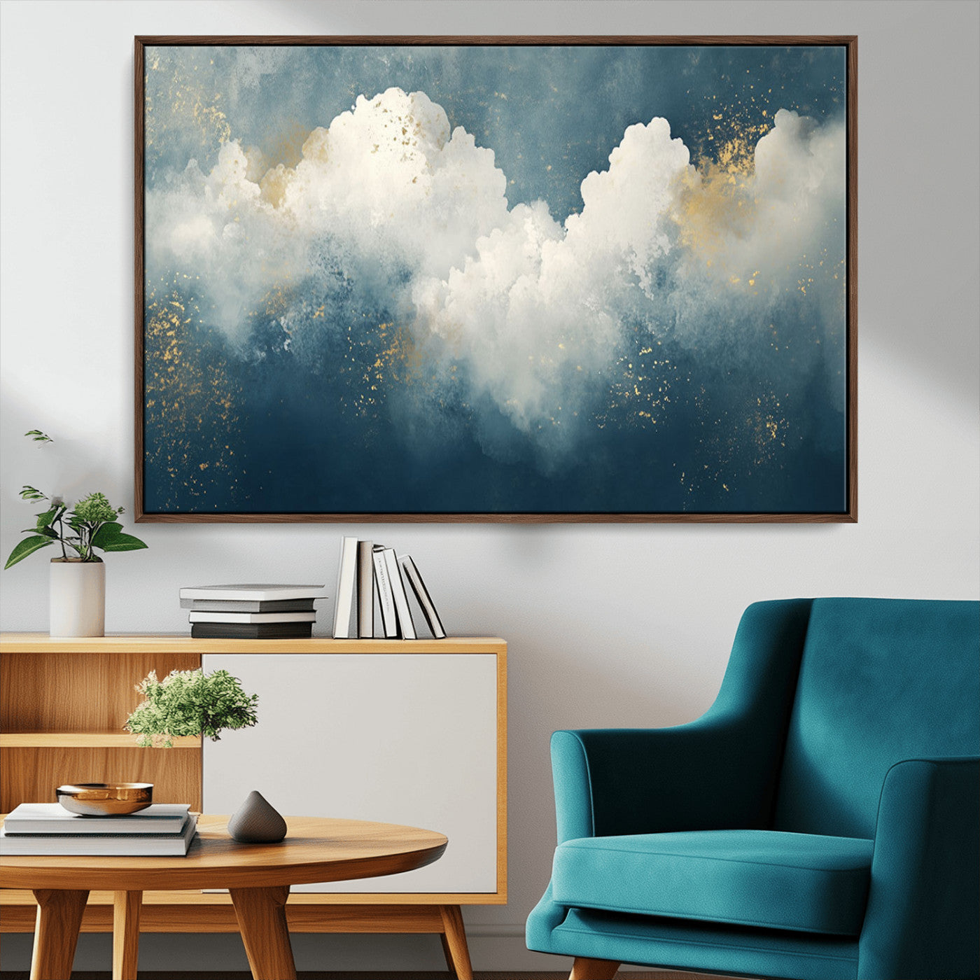 75131-MGV-CV-36X24-Abstract Cloud Wall Art – Modern Canvas Print Featuring Blue and White Clouds with Golden Accents, Contemporary Artwork for Living