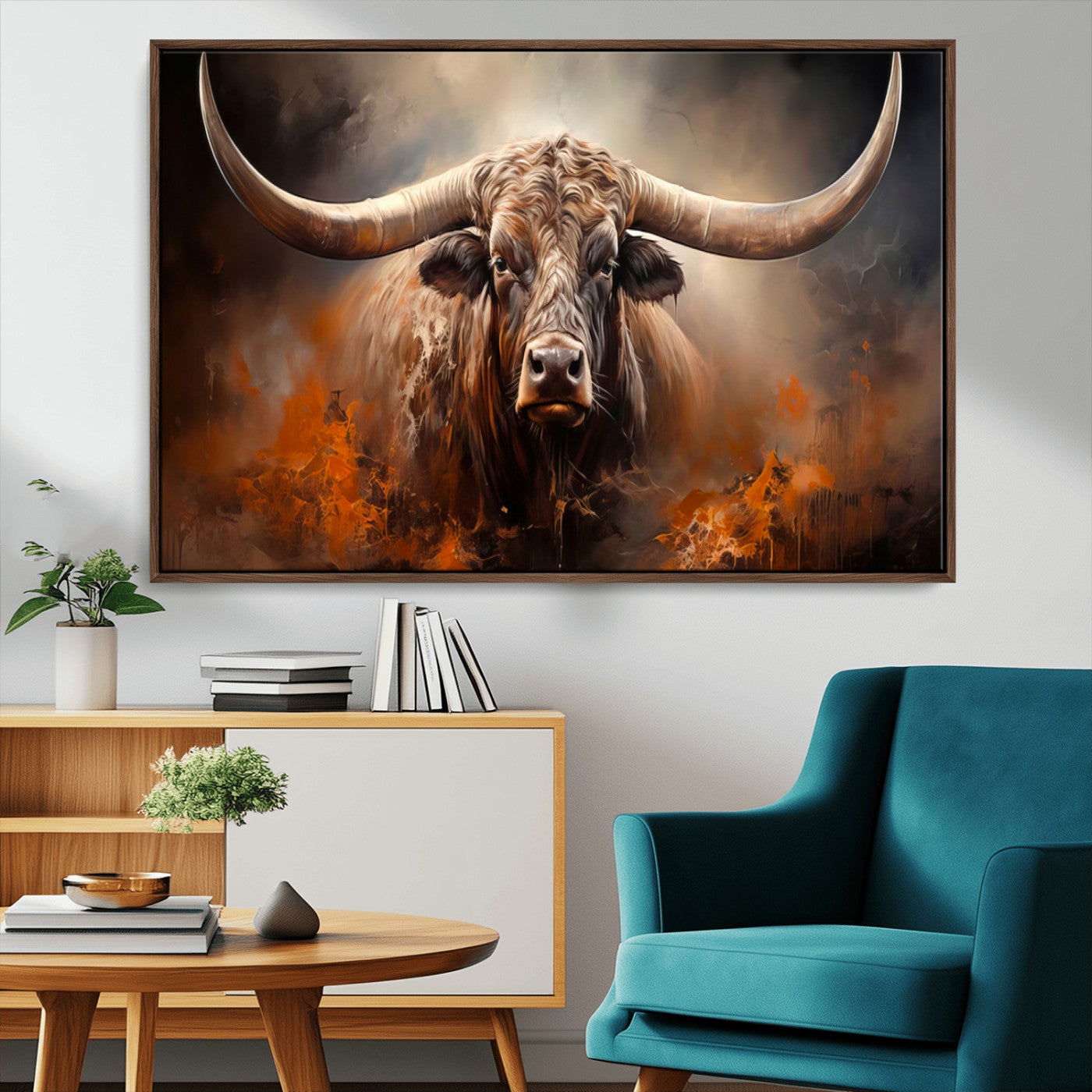 240479-MGV-CV-36X24-Longhorn Bull Wall Art – Dramatic Western Canvas Print Featuring Horned Bull with Fiery Background, Rustic Farmhouse Artwork for
