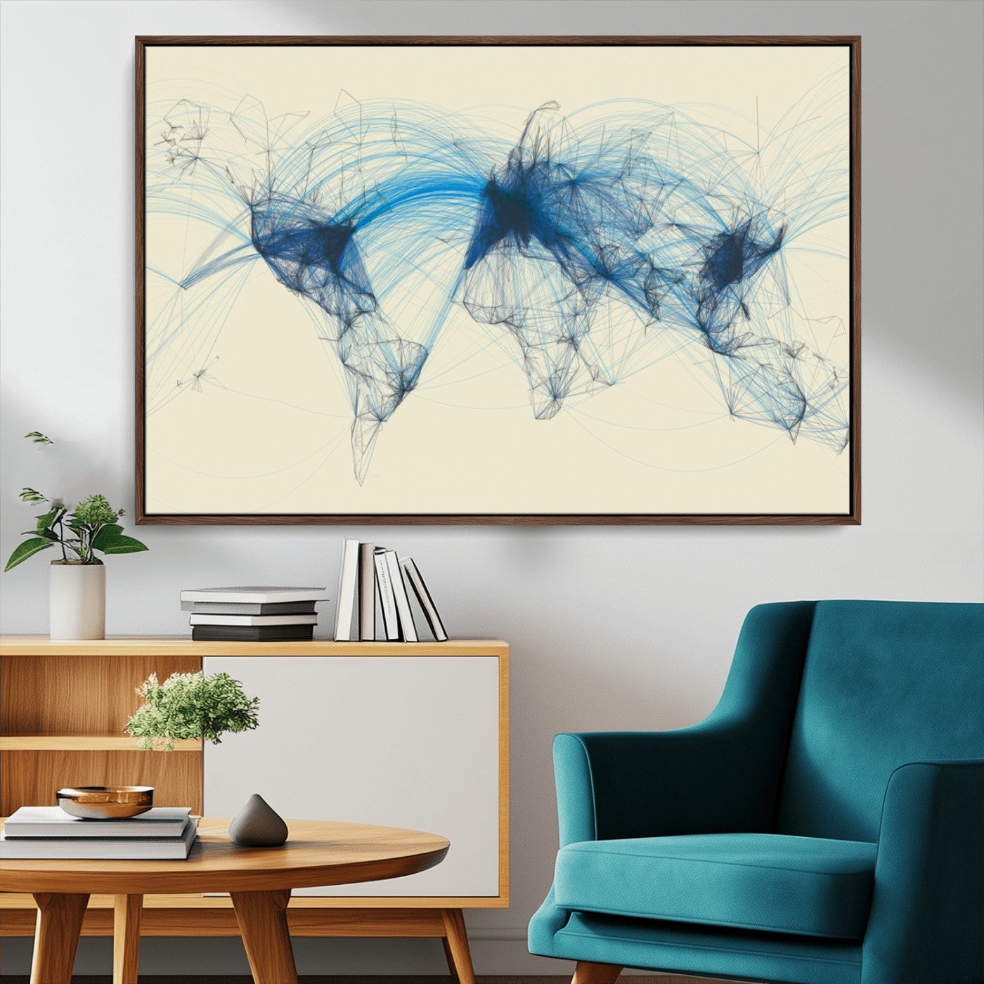 Map-Blue-Contract-MGV-CV-36X24-Abstract World Map Wall Art – Modern Blue Line Network Style Canvas Print, Contemporary Global Artwork for Living Room, Bedroom,