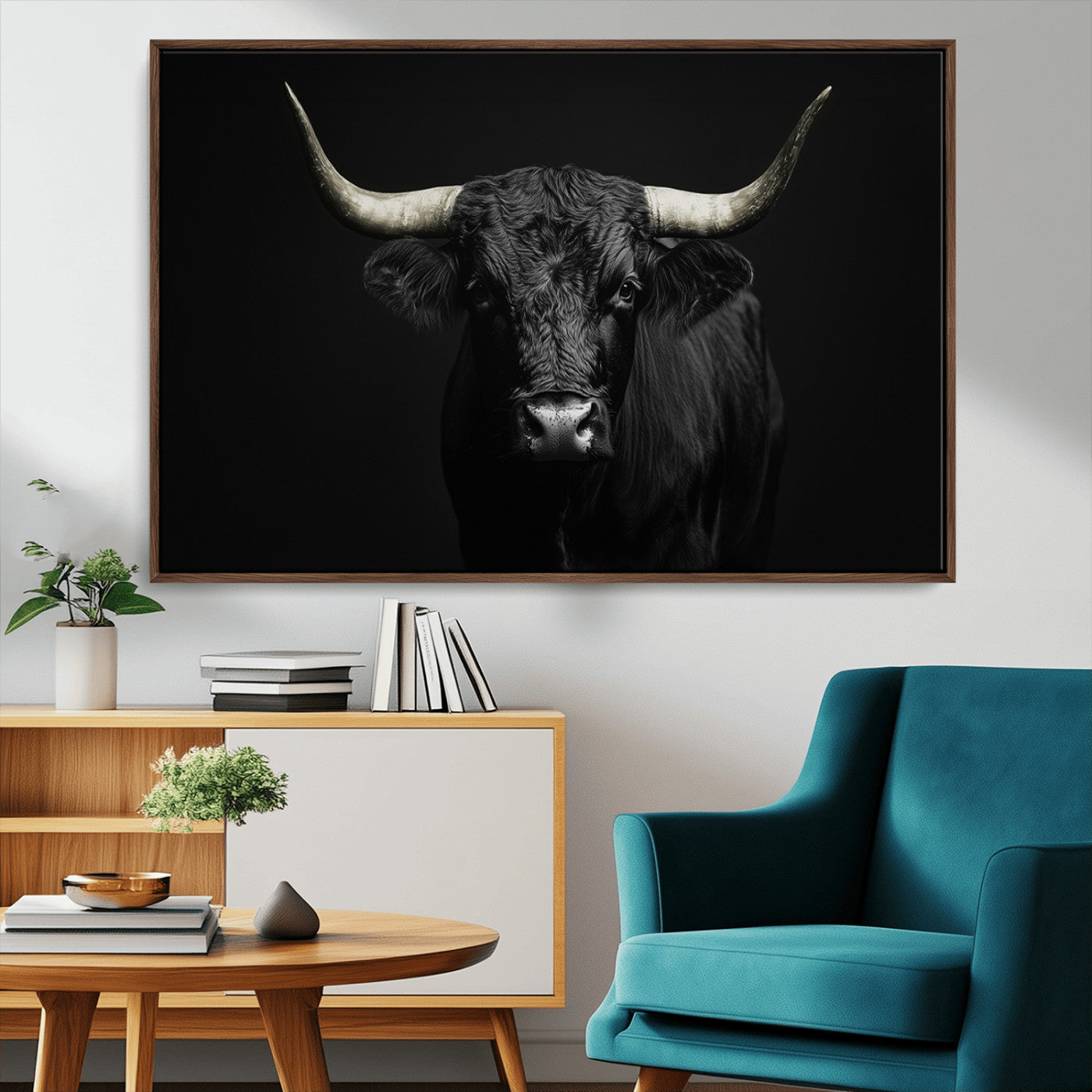 97914921-MGV-CV-36X24-Black Bull Wall Art Canvas Print, Framed Longhorn Bull Art Picture Print, Western Bull Perfect Monochrome Western Decor Artwork